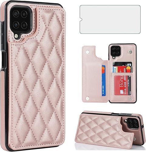 Miniatura 1 de Asuwish Funda de teléfono para Samsung Galaxy A12M12 con protector de pantalla de vidrio templado y soporte de tarjeta de crédito RFID de cuero,