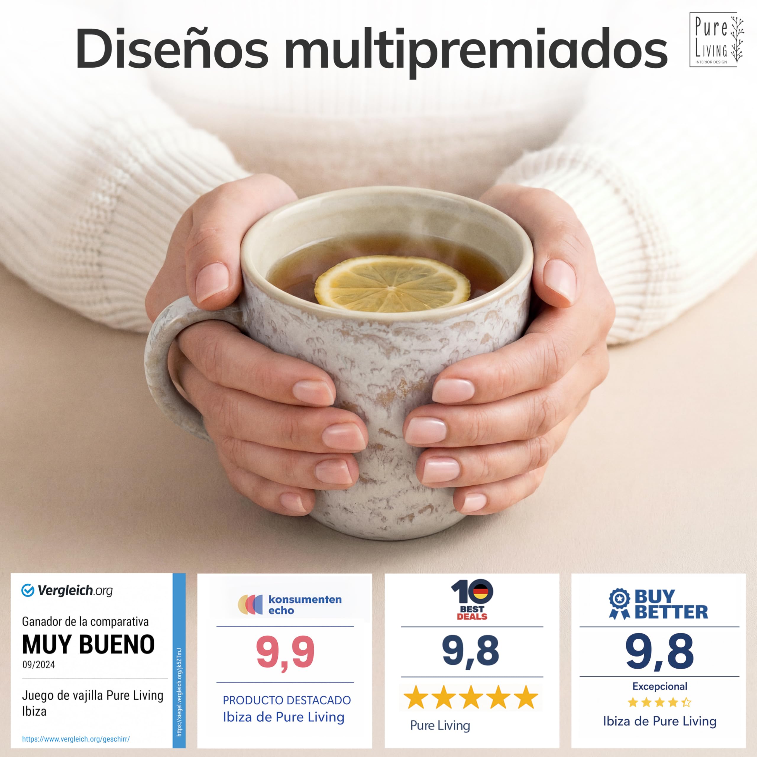 Juego de 6 platos grandes Ibiza - Gres premium, resistente a los arañazos, apto para lavavajillas y microondas - Set de platos llanos para comida de Pure Living en Beige claro