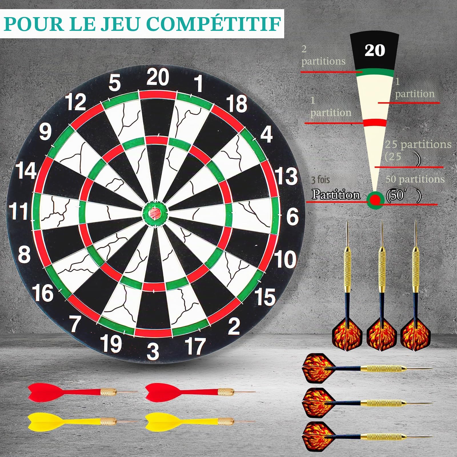 Cible de Fléchettes Professionnelle 30 x 30 cm en Acier Sisal et Liège - Jeu Classique Avec 10 Fléchettes