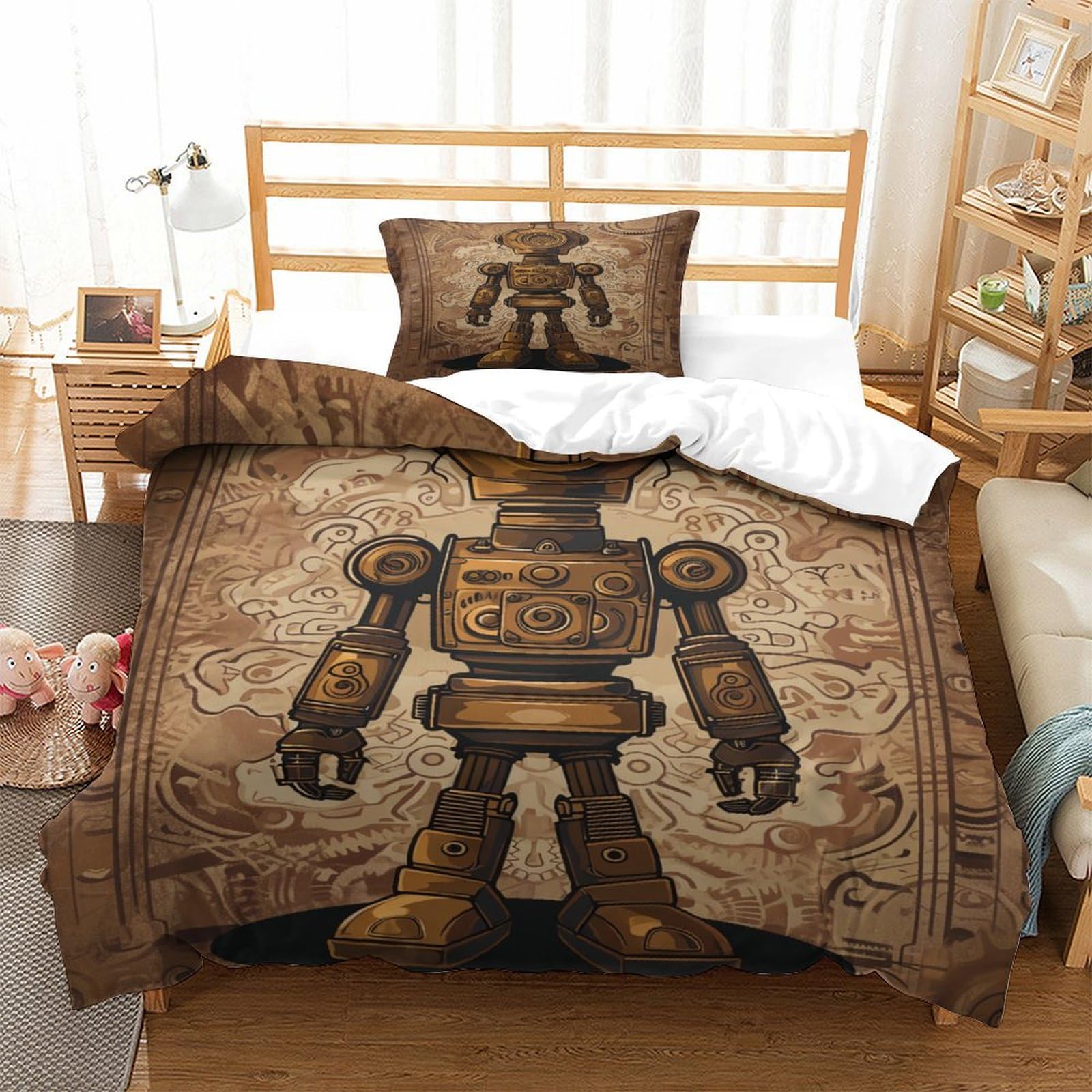 P1S9U7W5Y Steampunk Vintage 3D Printed Robot Duvet Cover Set 3pcs Microfiber Mechanical Bedding Set Single（135x200cm）