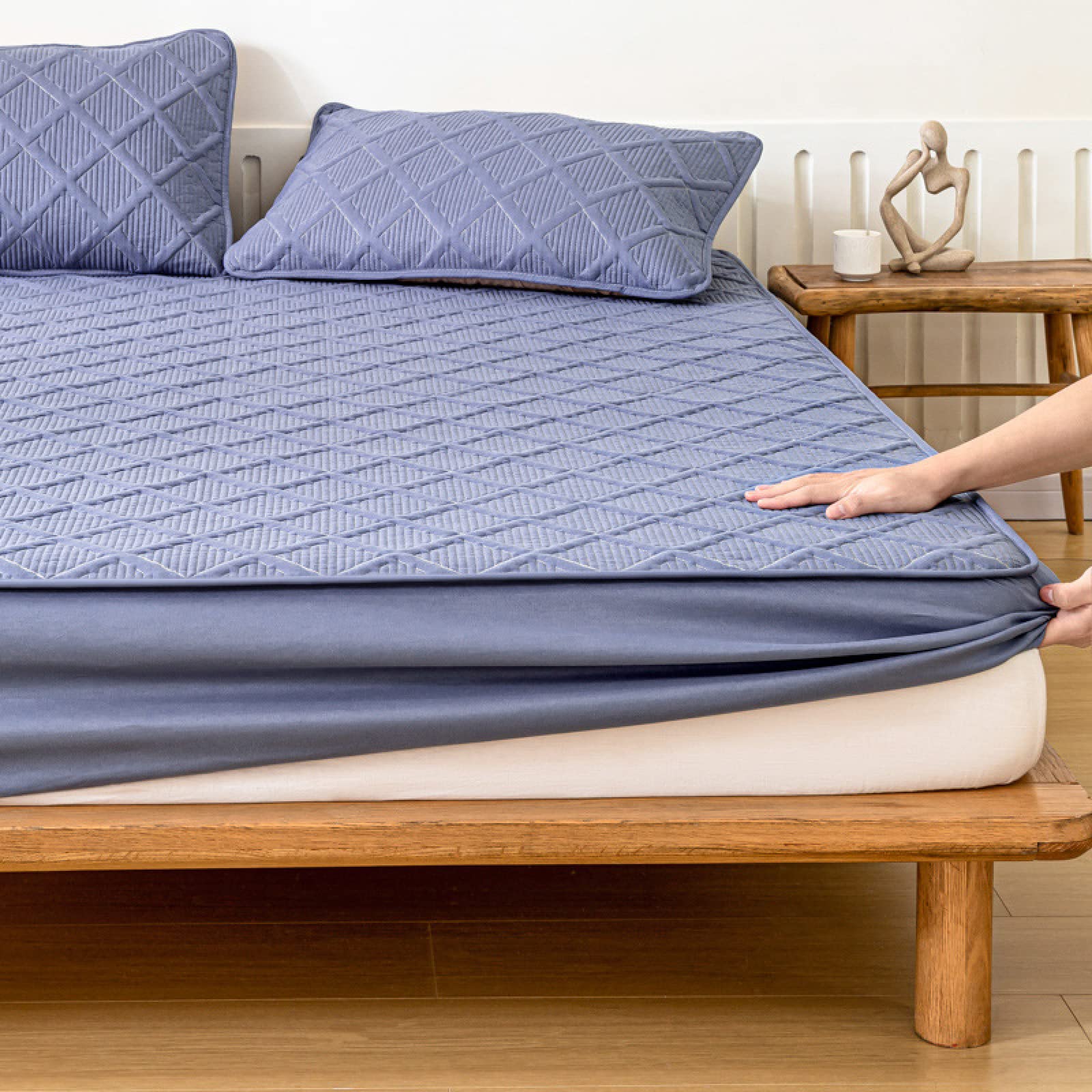 Sábana bajera ajustable de 200 x 220 cm de profundidad, 100 % algodón, suave y transpirable, color azul y gris, lujosa y cómoda, respetuosa con el medio ambiente para una mejor experiencia de sueño
