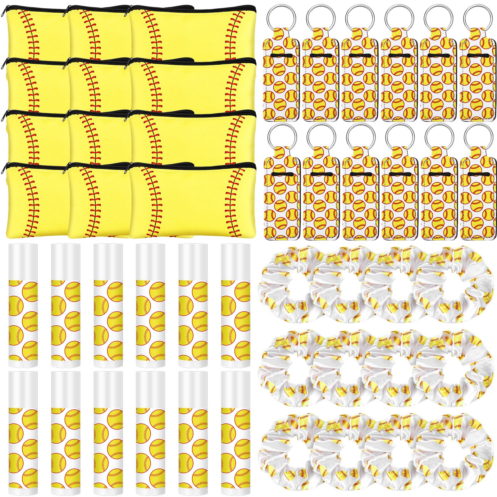 48 Pcs Softball Team Gifts Include 12 Makeup Bags, 12 Hair Scrunchies, 12 Lip Balms, 12 Lip Balm Holders for Softball Players, Girl Sports Team Accessories