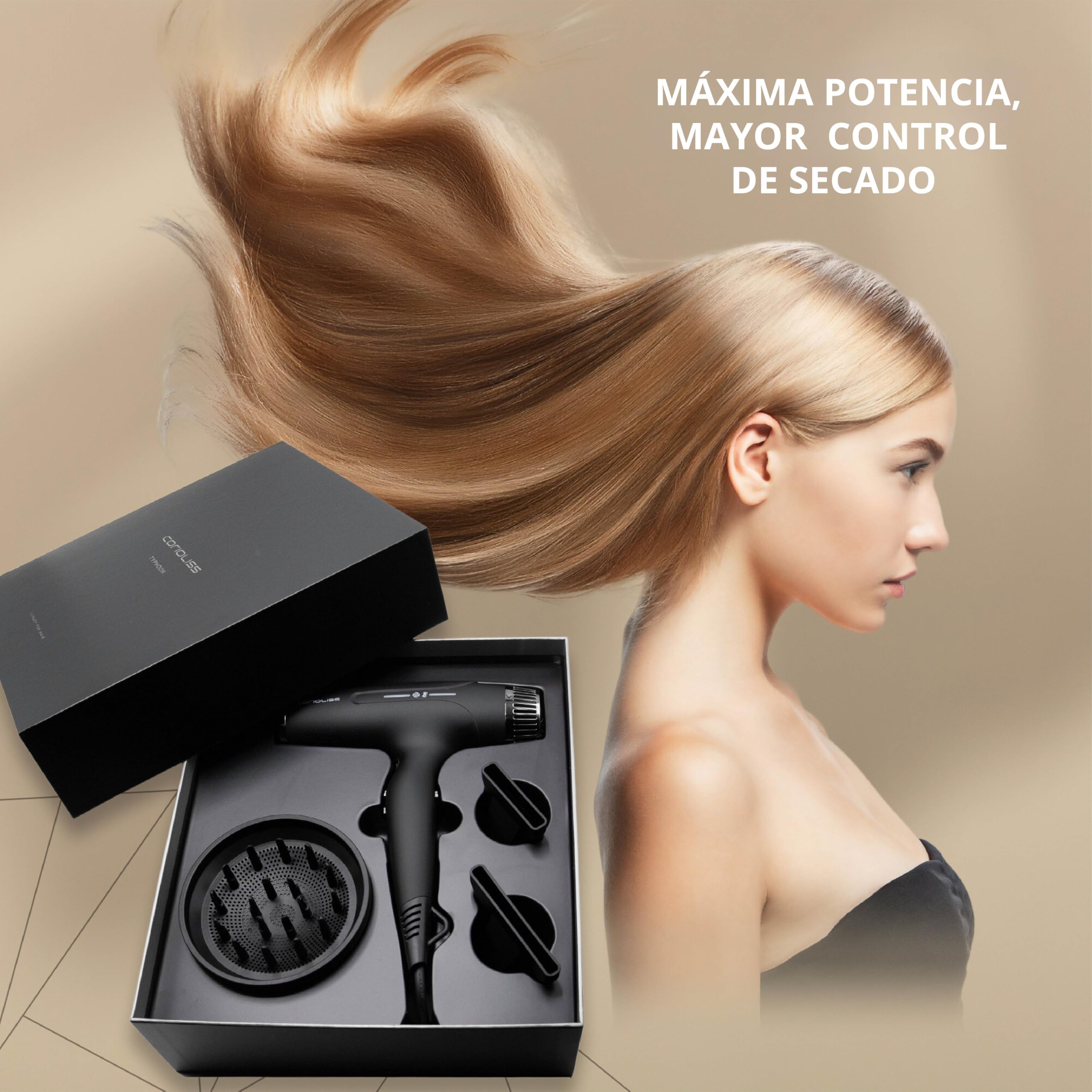 Corioliss Typhoon Secador de Pelo Profesional | Silencioso | Motor BLDC 2400W | Ligero 417 Gr. | Potente | Iónico Antifrizz | Difusor y 2 Boquillas | Black Chrome