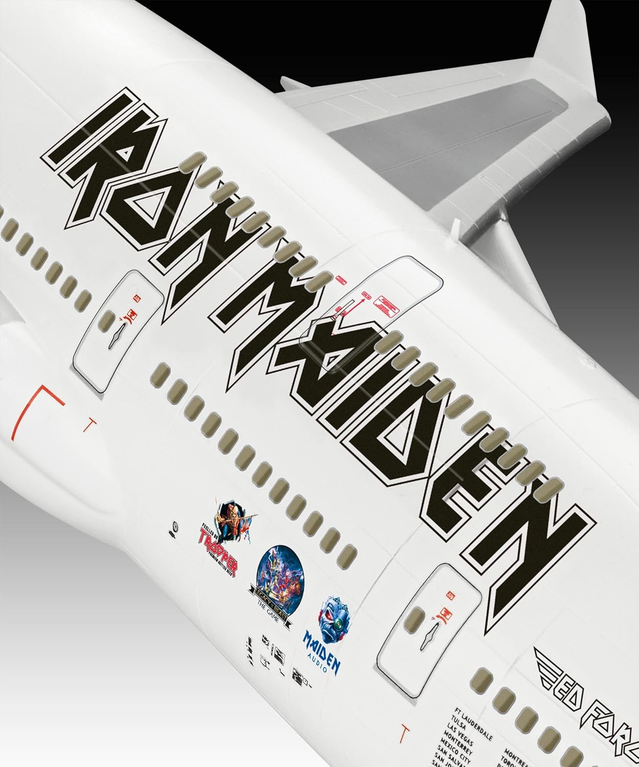 Top-down view of the assembled Boeing 747-400 model with Iron Maiden livery