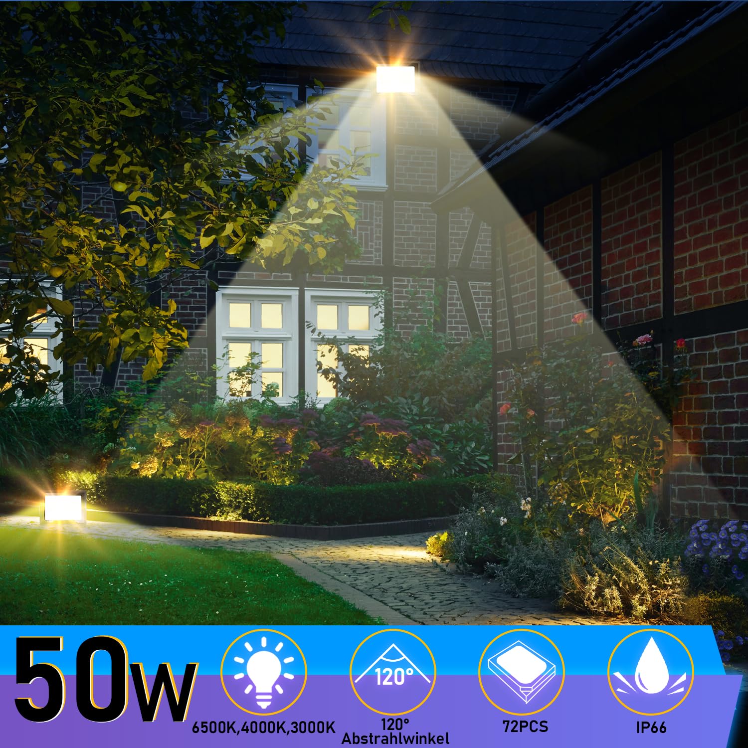 Projecteurs LED 10x, 50W Projecteur Super Lumineux, 3 Températures de Couleur Réglables, Spots Imperméable IP66 pour Jardin, Terrain de Sport, Garage