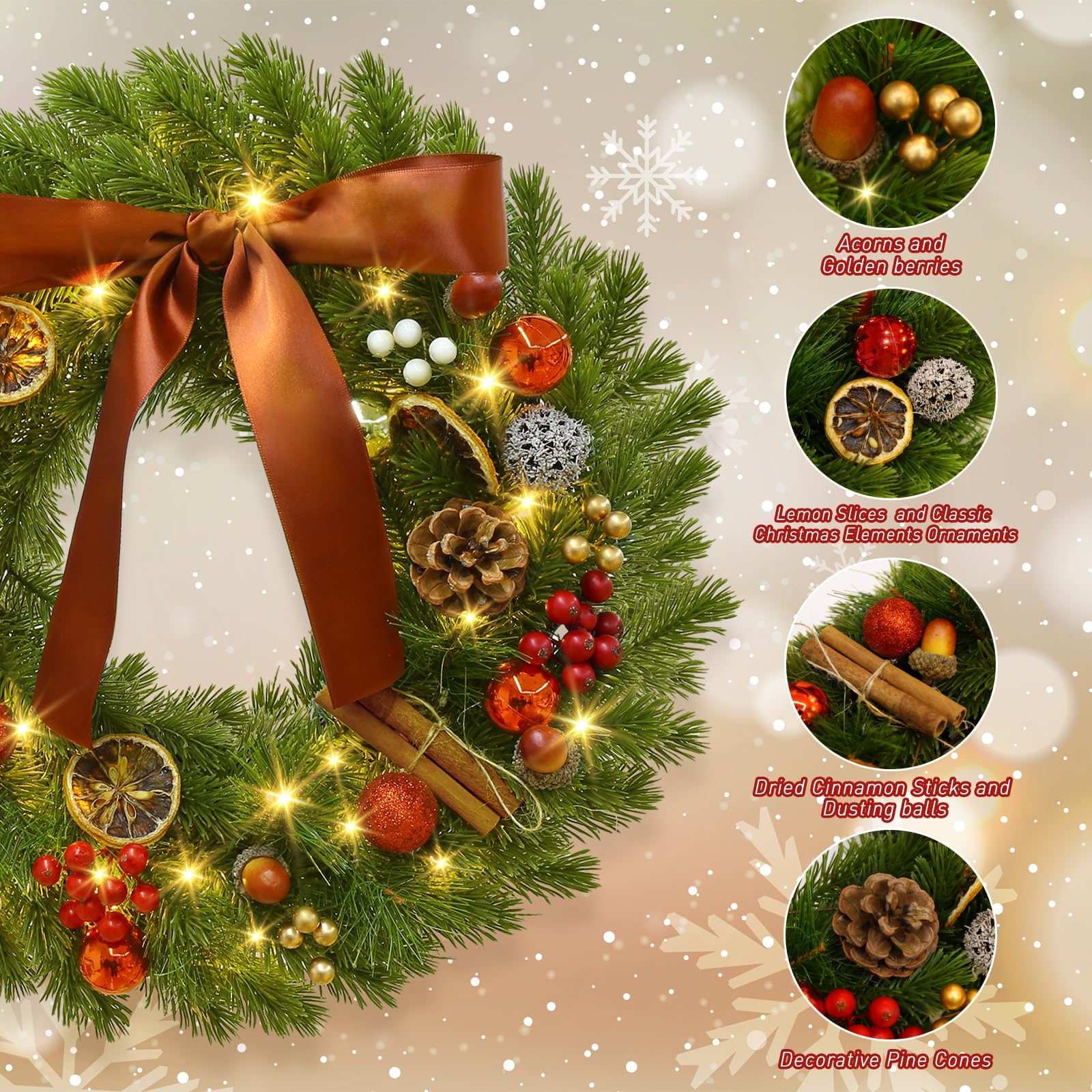 GlobaLink Couronne de Noël Porte 40 LEDs 40CM Couronne et Guirlandes de Noël Artificielle Minuterie à Piles Etanche IP44 Couronne de Noël Lumineuse Decoration pour Porte Entrée Mural Vitre Fenêtre