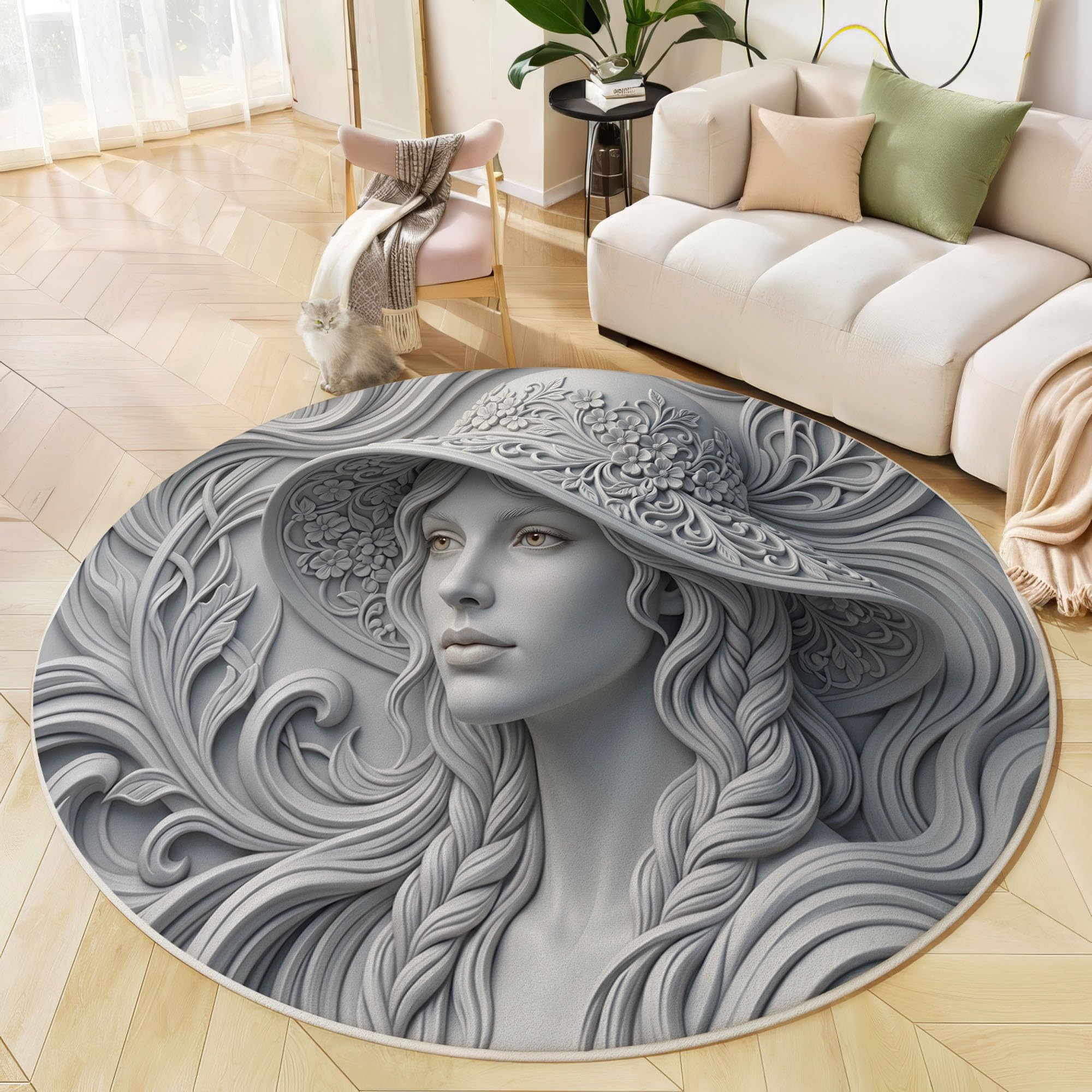 Tapis rond gris relief 3D antidérapant et lavable en machine pour décoration chambre