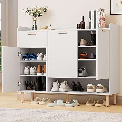 Miniatura 1 de Cozy Castle Armario de almacenamiento de zapatos con puertas y cajón, organizador de zapatos delgado con estantes ajustables, zapatero de madera