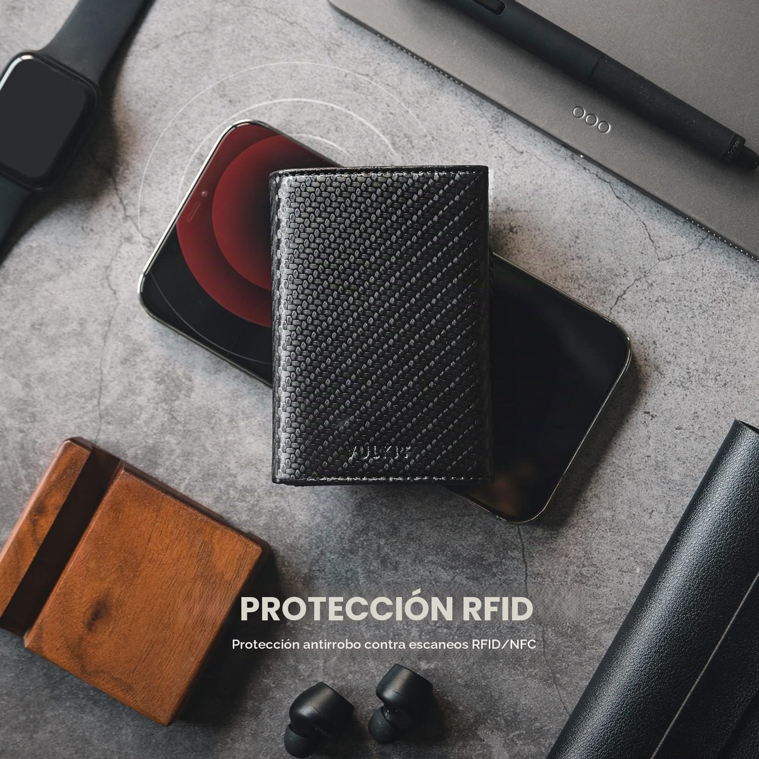 VULKIT Cartera de Tarjetas Pop-up de Cuero Con Bloqueo RFID, Compartimentos de Billetes de Larga Duración, Ventana de Identificación y Sello Magnético