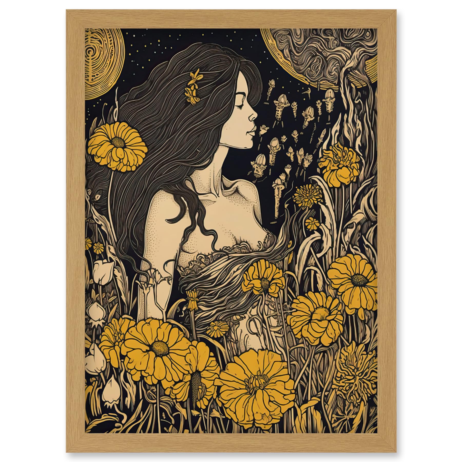 Artery8 Woman in Flower Field Midsummer Night Illustration Artwork Framed Wall Art Print A4