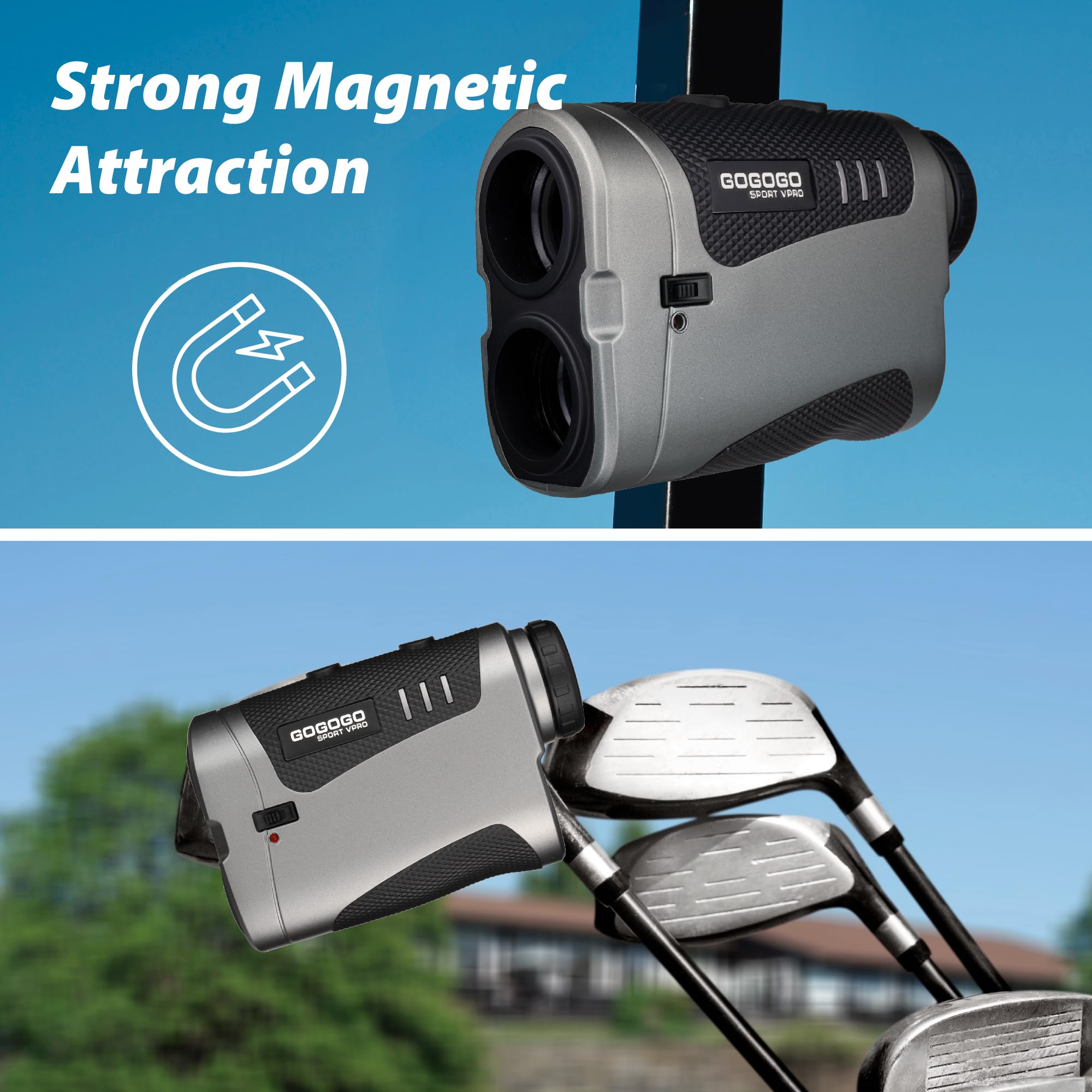 Gogogo Sport Vpro VRP - Telémetro de golf con interruptor de pendiente, 1500 yardas, 7X, banda magnética, precisión de ± 0.3 yardas, buscadores de rango recargables OLED para golf/caza, accesorios de