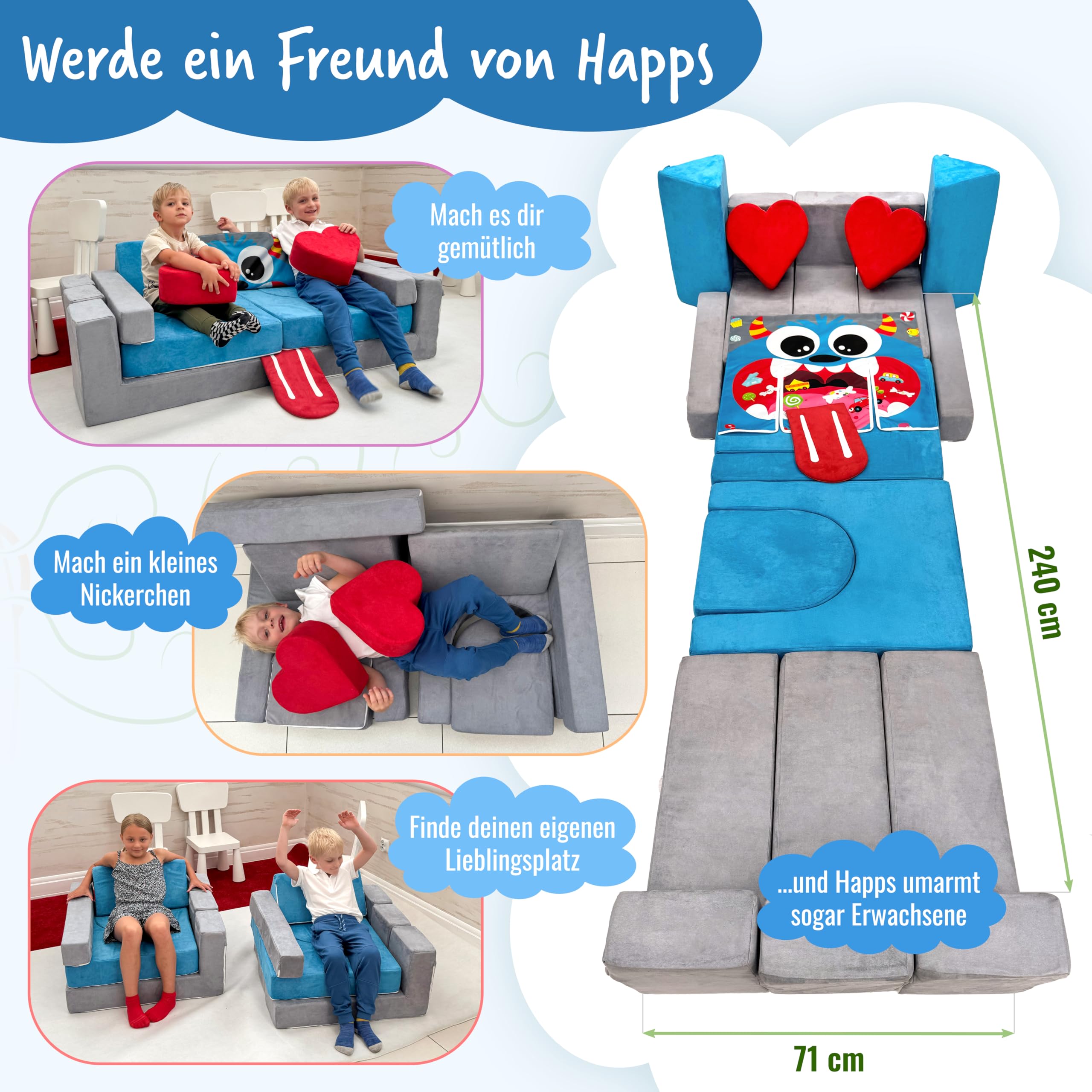 HAPPS Spielsofa – modulares Kindersofa & Kuschelecke – 18 Teile, 12 cm Polsterdicke – waschbare Bezüge & verdeckte Reißverschlüsse – Spielcouch zum Bauen, fördert Kreativität