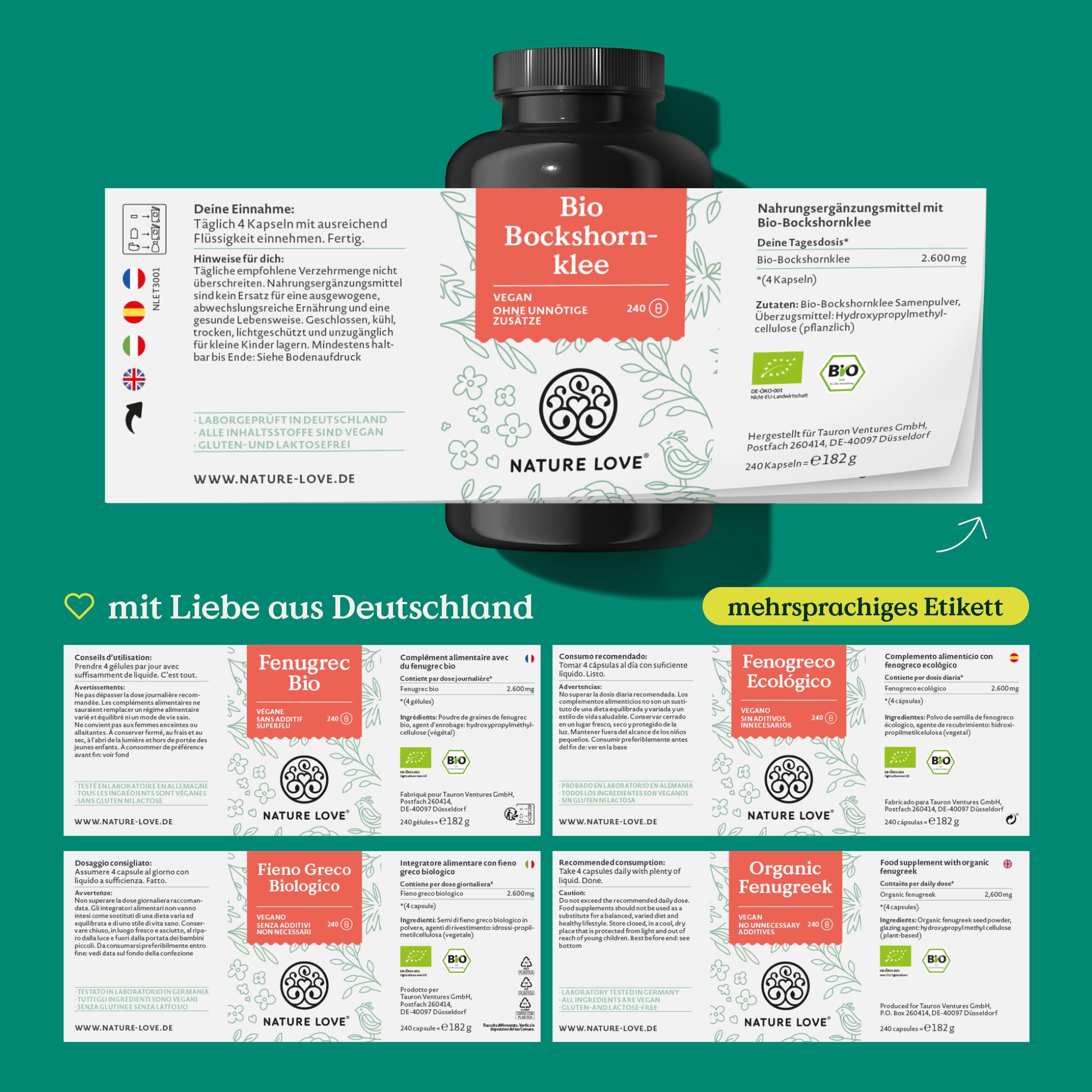 NATURE LOVE® Bio Bockshornklee Kapseln - 240 Stück - Hochdosiert mit 2600mg je Tagesdosis (650mg je Kapsel) - Fenugreek bio zertifiziert - frei von Zusätzen, vegan in Deutschland produziert