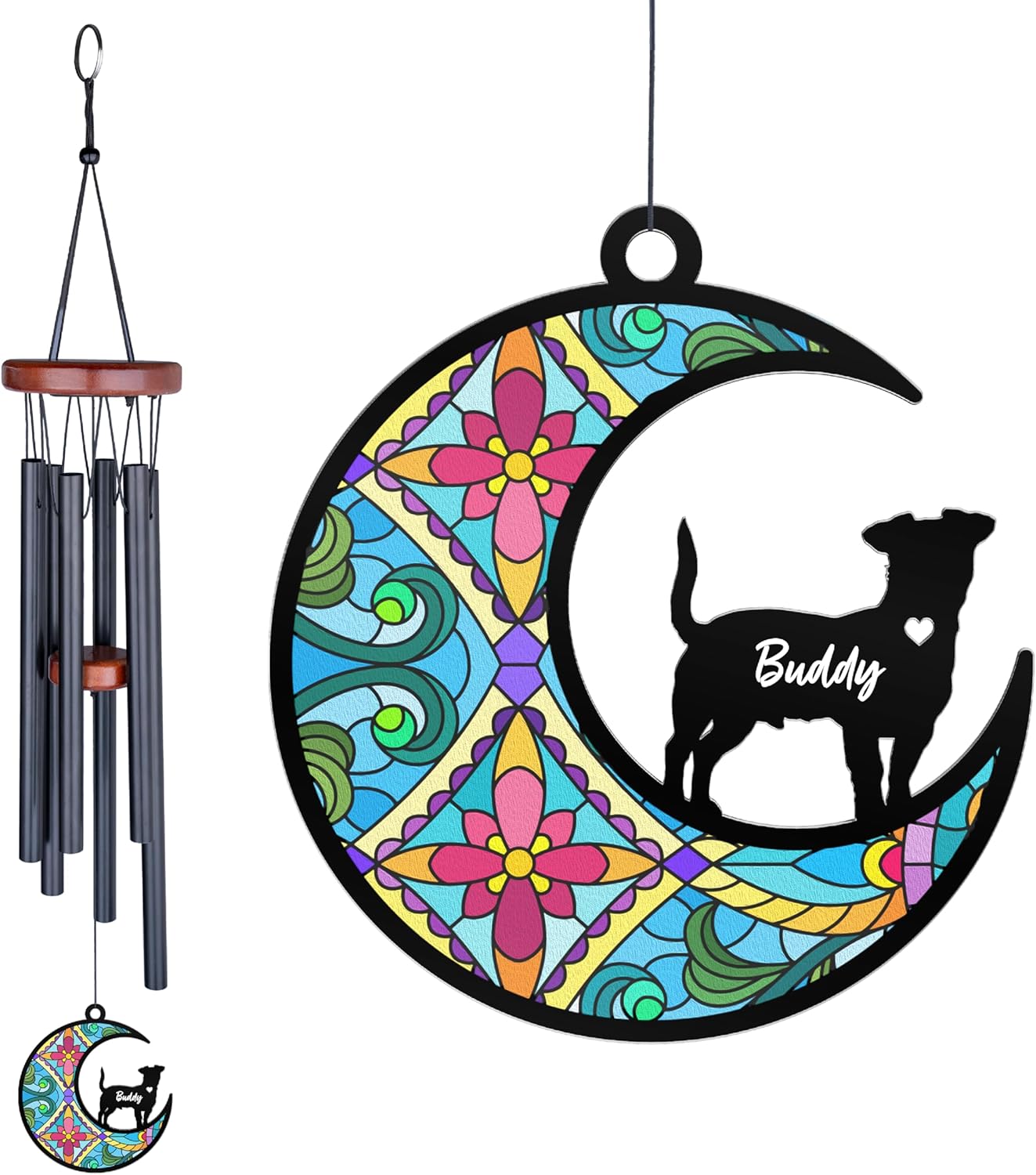 Personalized Dog Memorial Wind Chime with Suncatcher Pendant, 26" Chime with 3.75in Stained Glass Look Acrylic Suncatcher, Customize with Name and Dog Breeds,Loss of Pet Sympathy Gift - Black