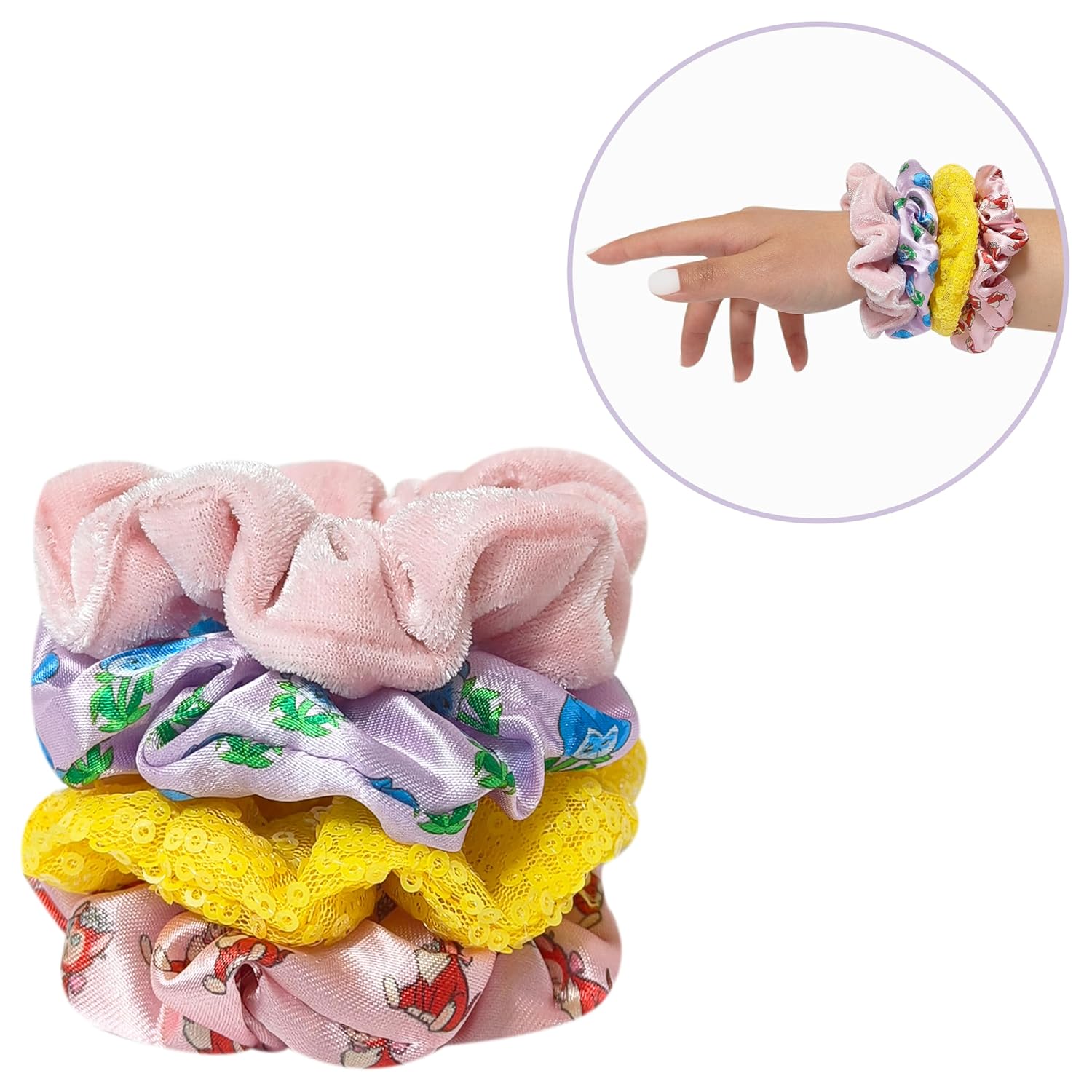 LUV HER Alice in Wonderland Hair Accessory Set – 5 Pieces: 1 Detangling 9-inch Hairbrush & 4 Scrunchies, Elastic Hair Ties, Ages 3+ - Image 4
