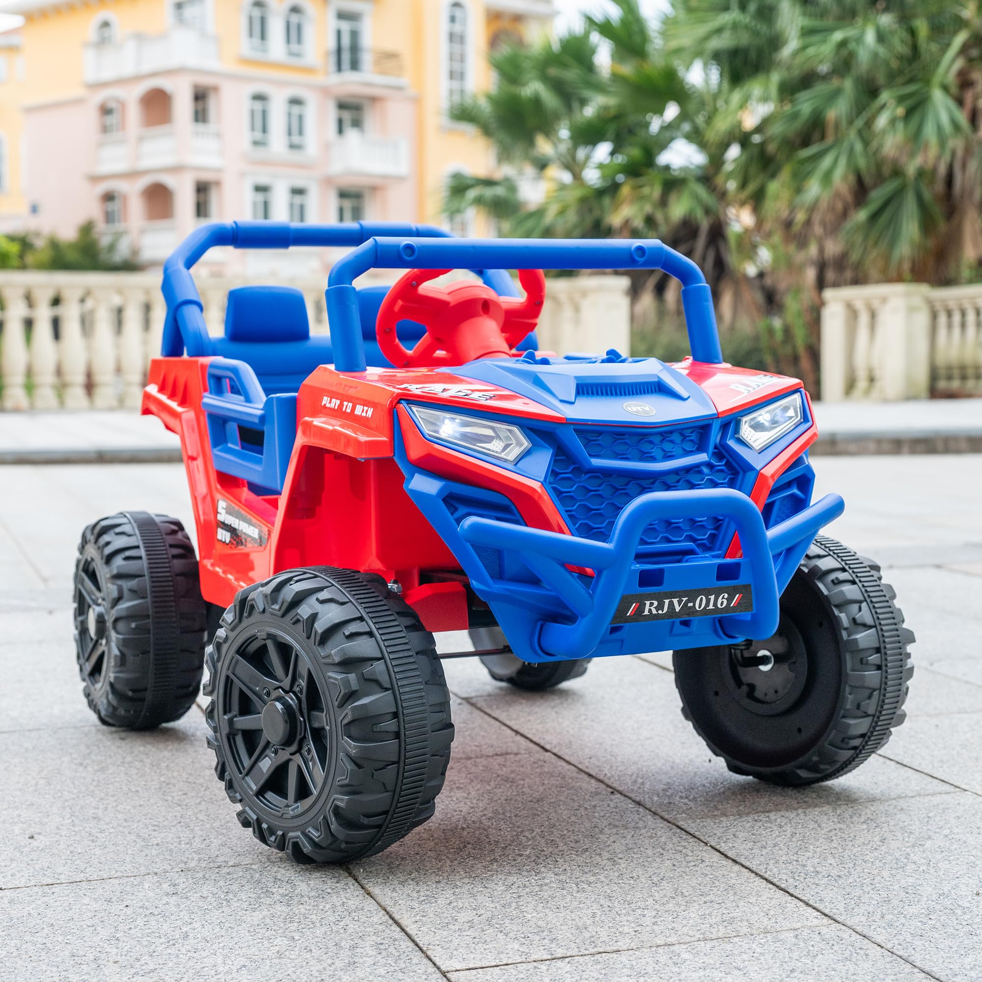 12V Kids Ride On UTV Off-Road Truck, Electric Car with Remote Control, Dual Motors, LED Lights, Music MP3, Opening Doors, Soft Start, Blue