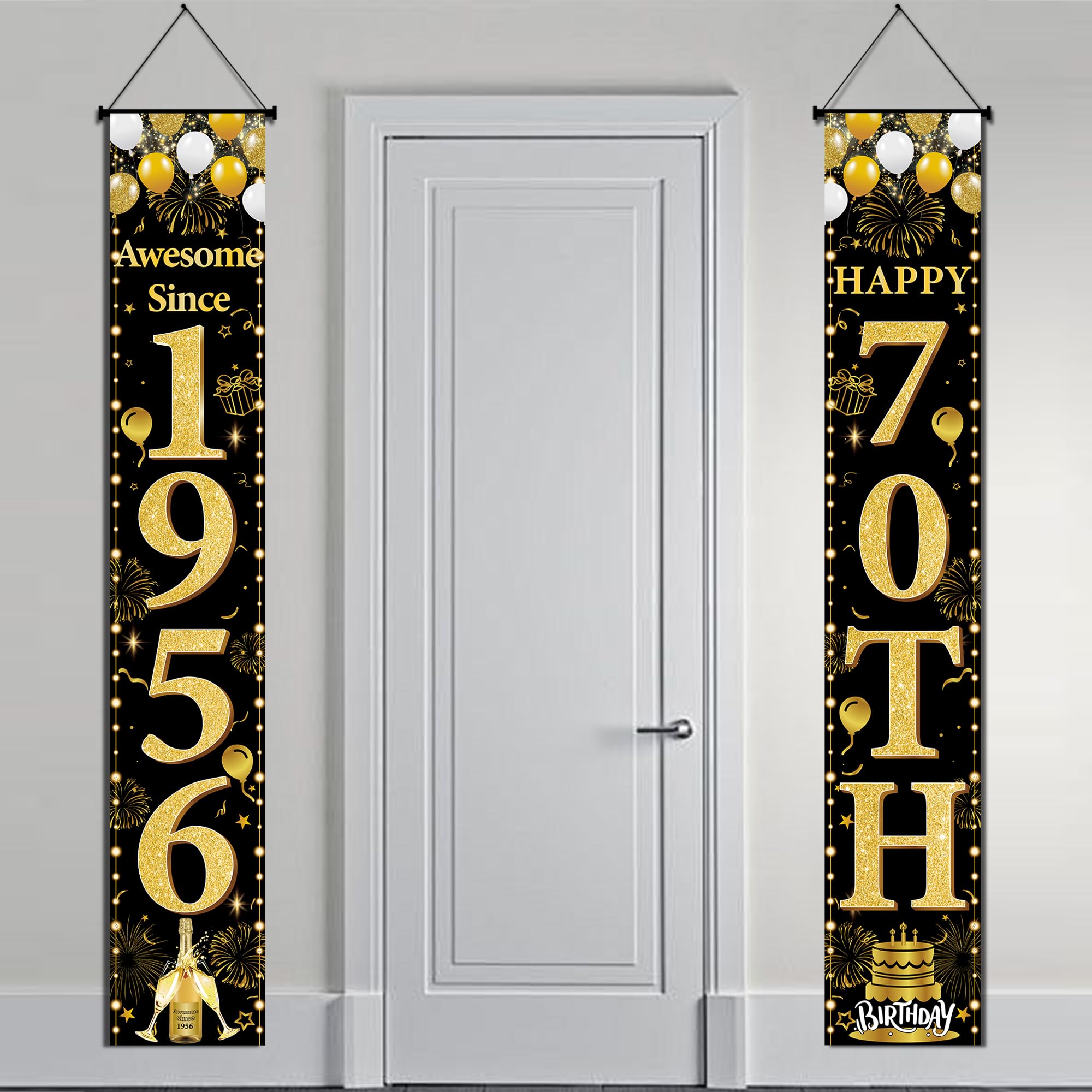 70th Birthday Decorations Door Banner - Black Gold Awesome Since 1956 Happy 70th Birthday Party Door Porch Sign for 70 Year Old Women Men Party Backdrop Decor Supplies, 180 × 30 cm