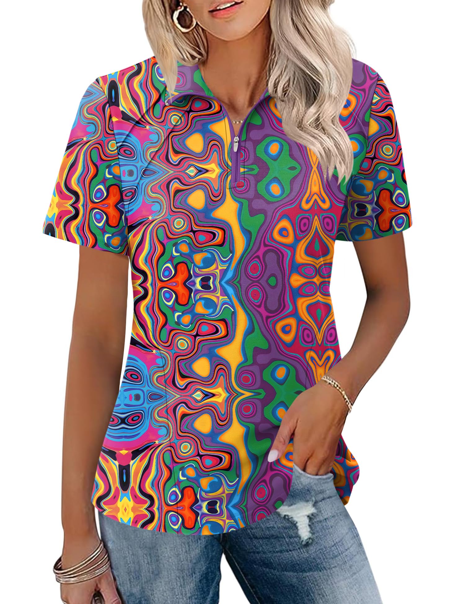LOMON Womens Golf Polo Shirt Summer Short Sleeve Quarter Zip Outfit
