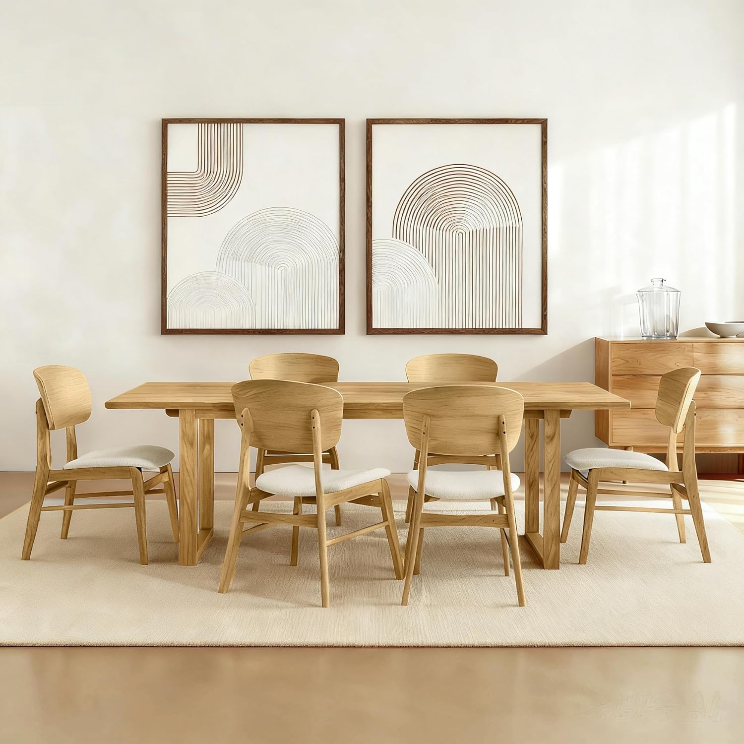 Kislot Wooden Dining Chairs Set of 6 Upholstered Modern Mid-Century Oak Kitchen Chairs Ergonomic Backrest Cream Fabric