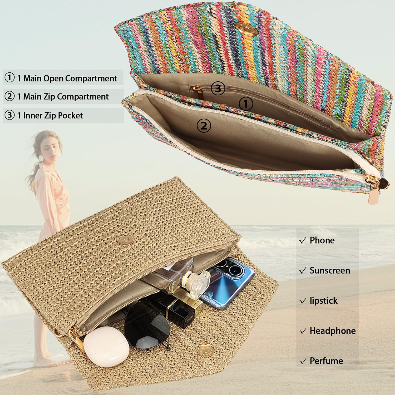 Summer Woven Straw Clutch Purse for Women,Elegant Beach Crossbody Bag, Boho Evening Handbag