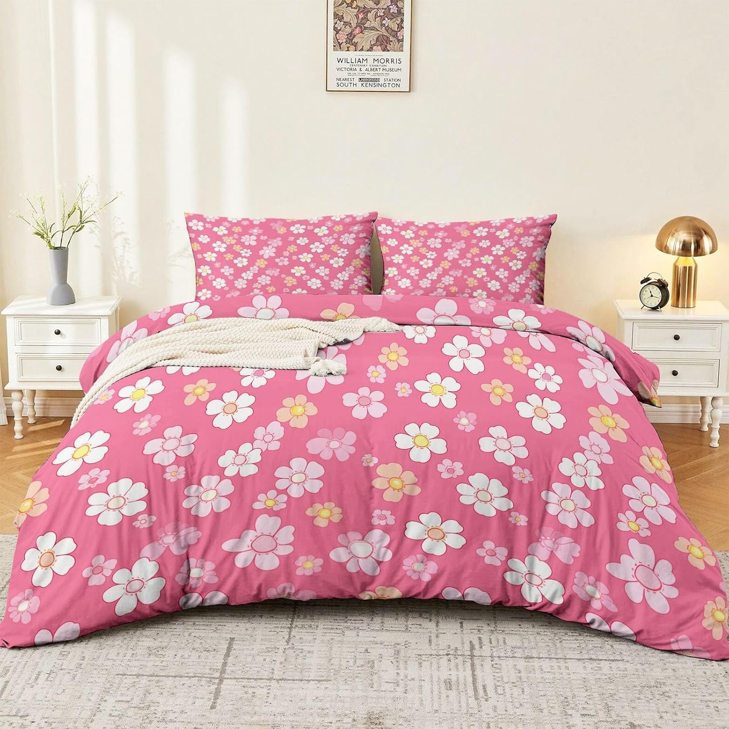 Housse de couette 240x220 rose à fleurs de dessin animé avec 2 taies