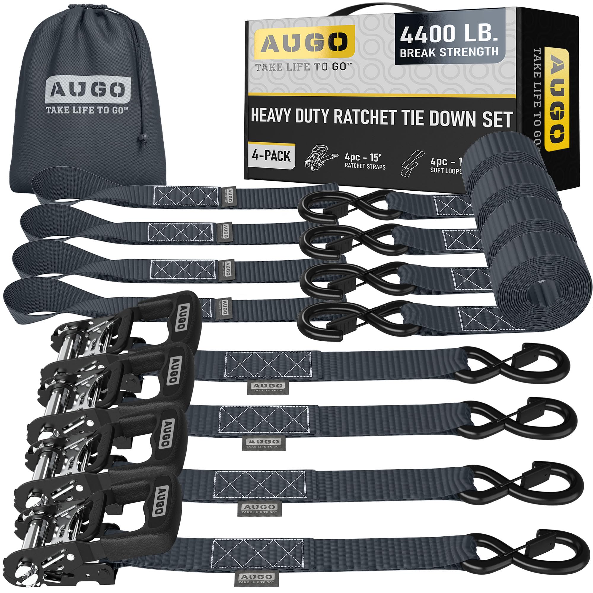 AUGO Ratchet Straps Heavy Duty 4 Pack -15 FT - 2200 LB Break Strength – with Safety Lock S Hooks - Cargo Straps for Moving, Appliances, Motorcycle – Soft Loop Tie Down Straps — view 13