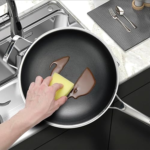 Miniatura 7 de DOTCLAD Wok, sartén híbrida para wok de 12 pulgadas con tapa, utensilios de cocina sin PFOA, woks antiadherentes de acero inoxidable y sartenes