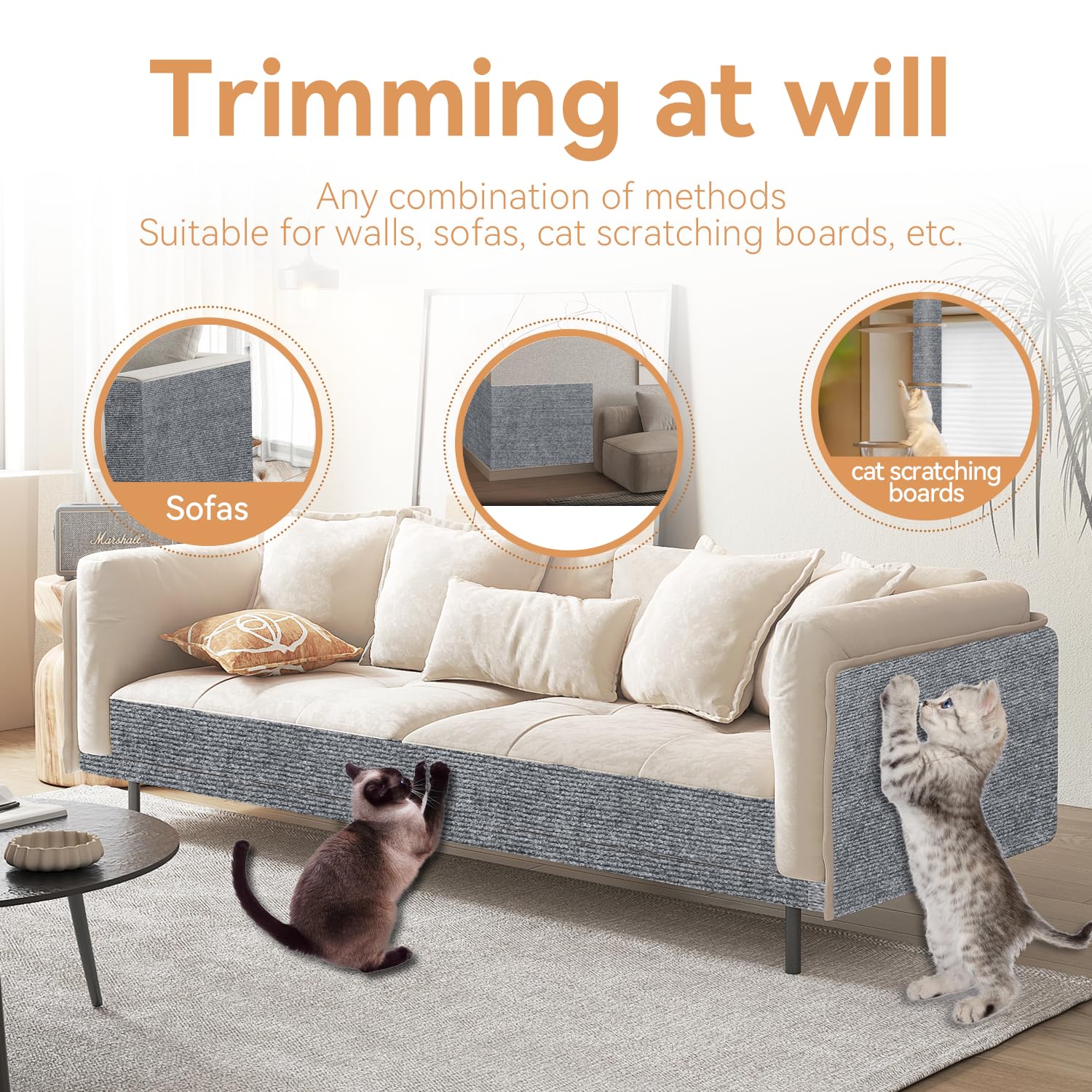 Protezione Divano Graffi Gatto, Tappeto Tiragraffi per Gatti Autoadesivo 100x30cm, Riutilizzabile e Tagliabile, Ideale per Divani, Mobili e Pareti, Tiragraffi divano, Sisal e Moquette (Grigio chiaro)