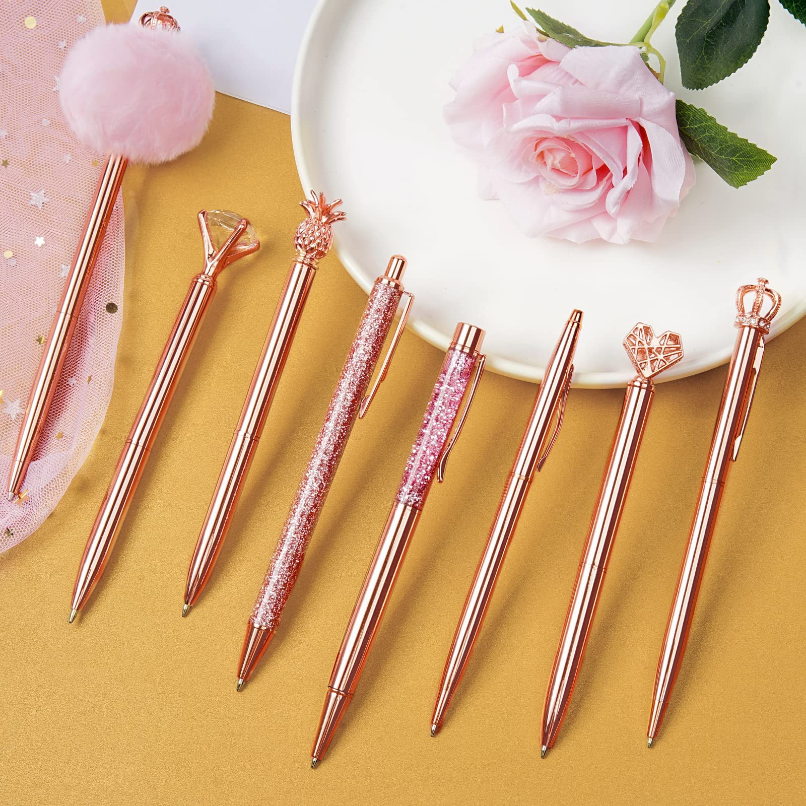 WEMATE 8Pcs Rose Gold Ballpoint Pens Set Ballpoint Pen Bling for Women,Girly Pens,Black & Blue Ink Ball Point Pen Gifts for Wedding Bridesmaid Office - Image 3
