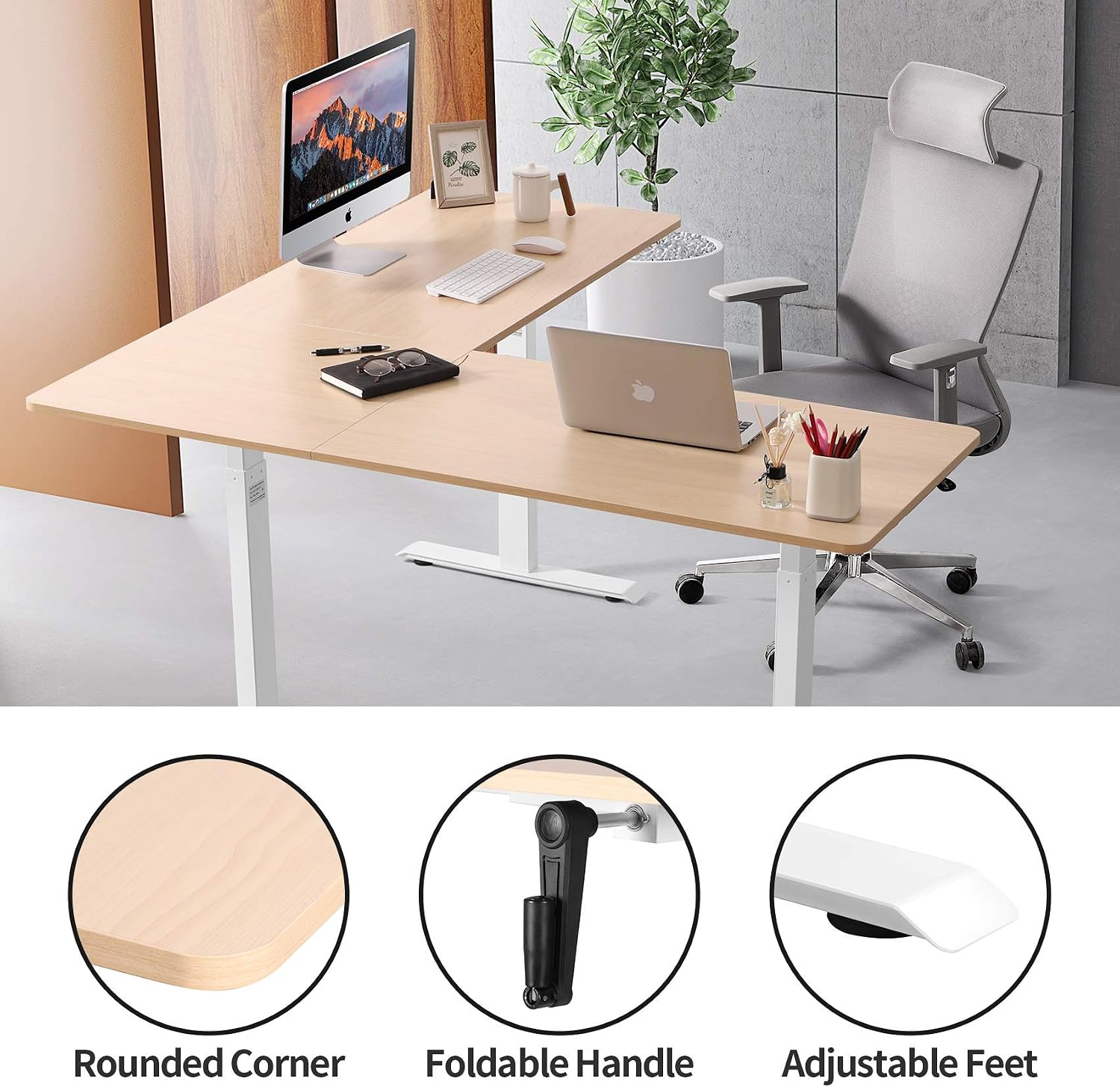 UNICOO – L Shaped Crank Height Adjustable Standing Desk, Sit to Stand up Corner Desk, L-Shaped Standing Workstation (White Frame/Light Oak Top - L Shape Crank)