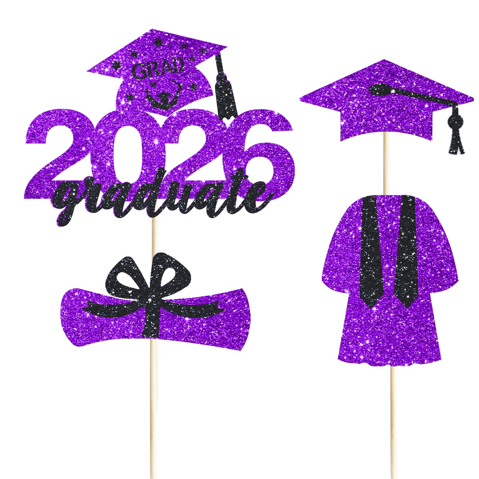 4 Pcs 2026 Graduate Cake Topper Purple Glitter Congrats Grad Cake Topper Class of 2026 Cake Decor for 2026 Senior High School/College/University Happy