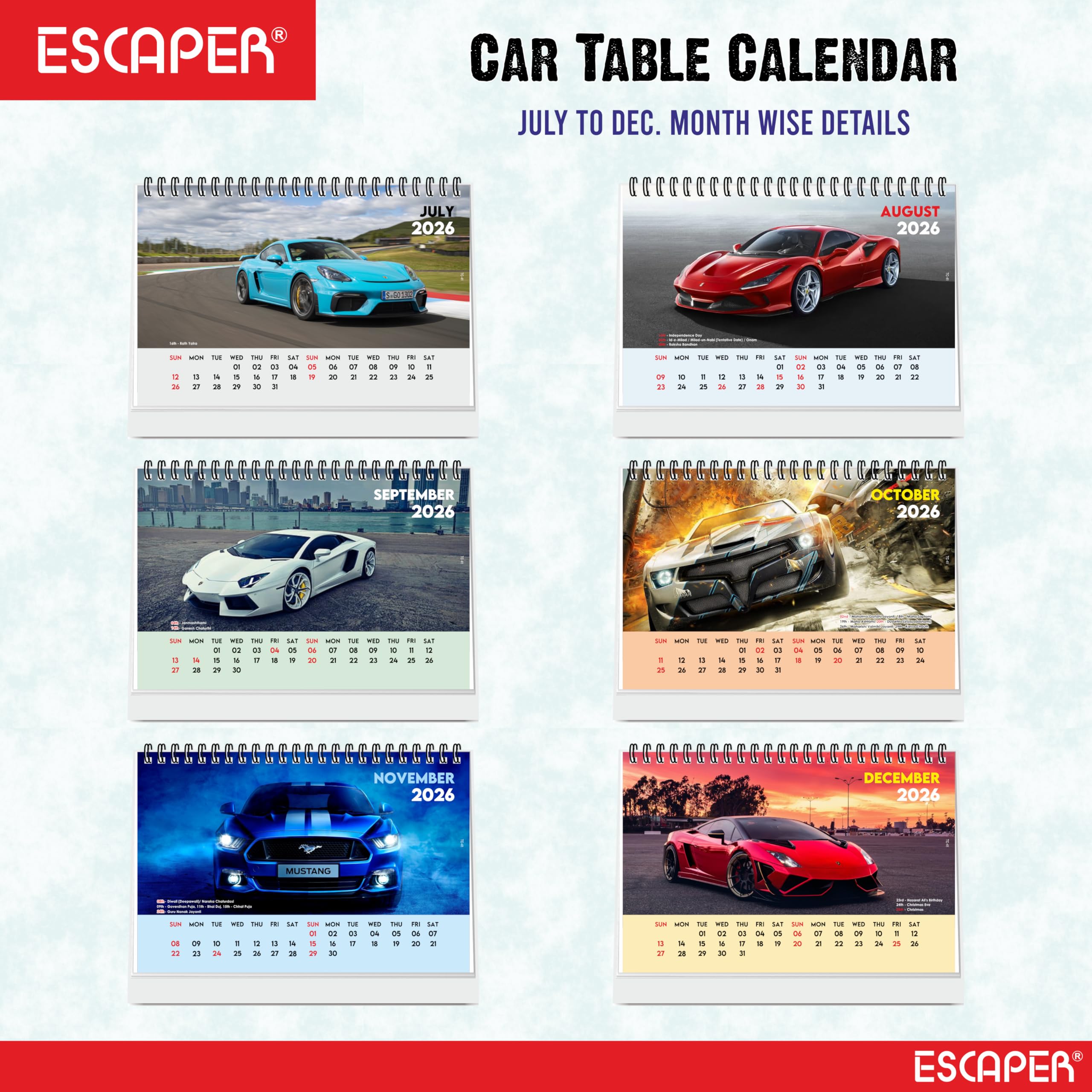 ESCAPER Cars Tischkalender 2026 - A5 Tischkalender mit Sportfahrzeugen, Schreibtisch-Organizer für Büro & Studium, Automobil-Neujahrsgeschenk
