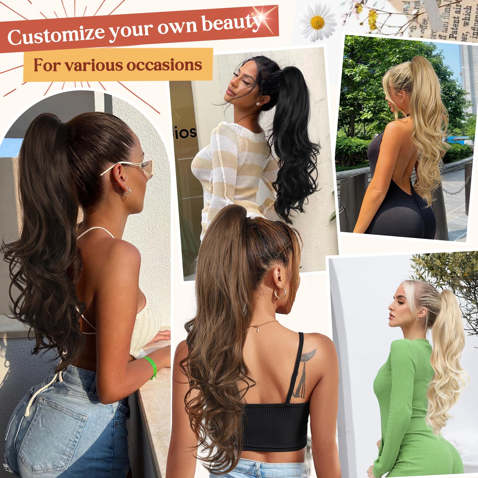 FLUFYMOOZ Ponytail Extension, 66cm Pferdeschwanzverlängerung lange, gewellte, lockige Klauen Clip in Pferdeschwanz Haarverlängerung, synthetisches Haarteil für Frauen-Blond bis Hellblond