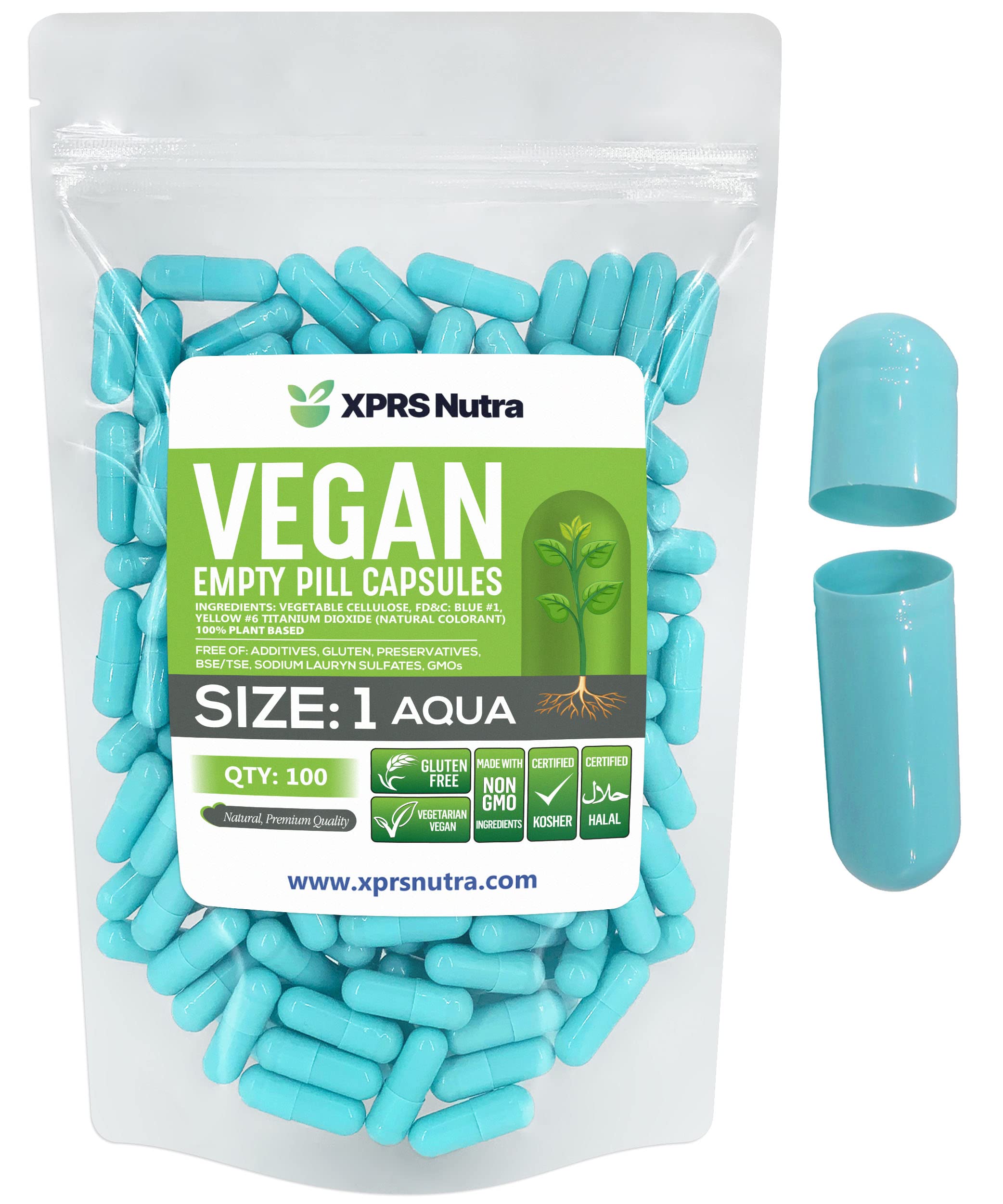 XPRS Nutra Size 1 Empty Capsules - 100 Count Empty Vegan Capsules - Vegetarian Pills - DIY Vegetable Capsule Filling- Veggie Pill Caps for Do-It-Yourself Supplements (Aqua)