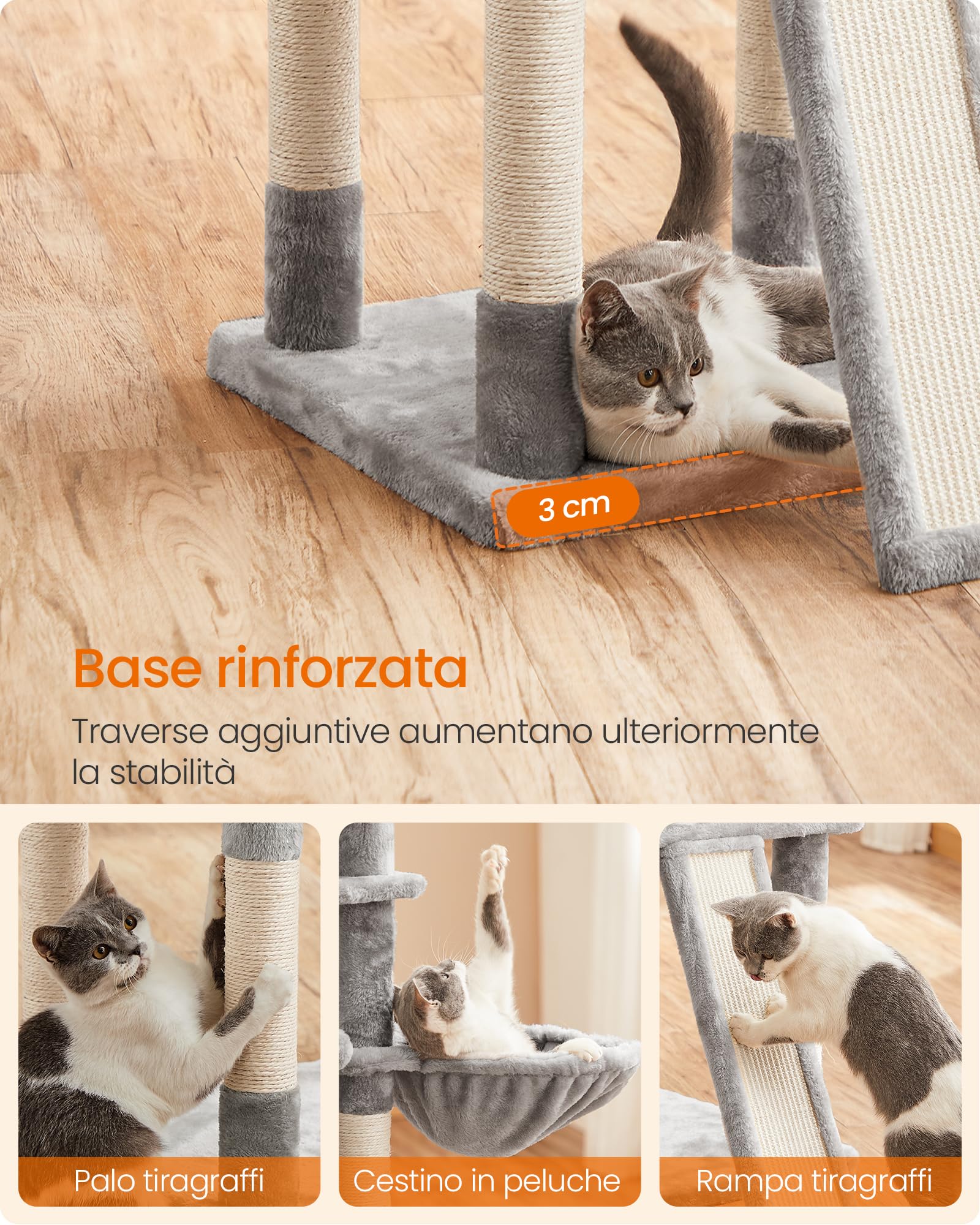 Feandrea Tiragraffi per Gatti, XXL Posatoio, 162 cm, Grigio Chiaro PCT019W01