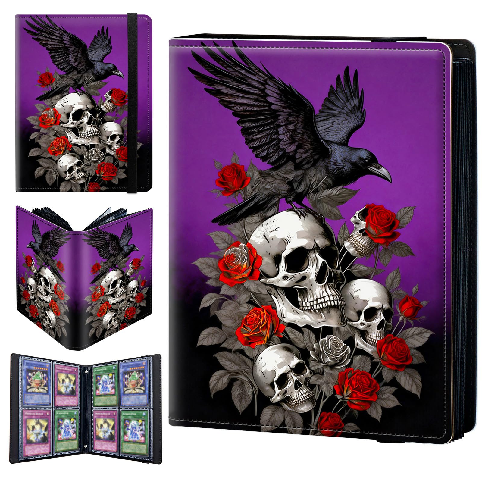 4 Pocket Trading Card Binder 400 Side Loading Pocket Album with Roses Skull and Crow Pattern Design Card Binder for Sports Cards & Game Cards