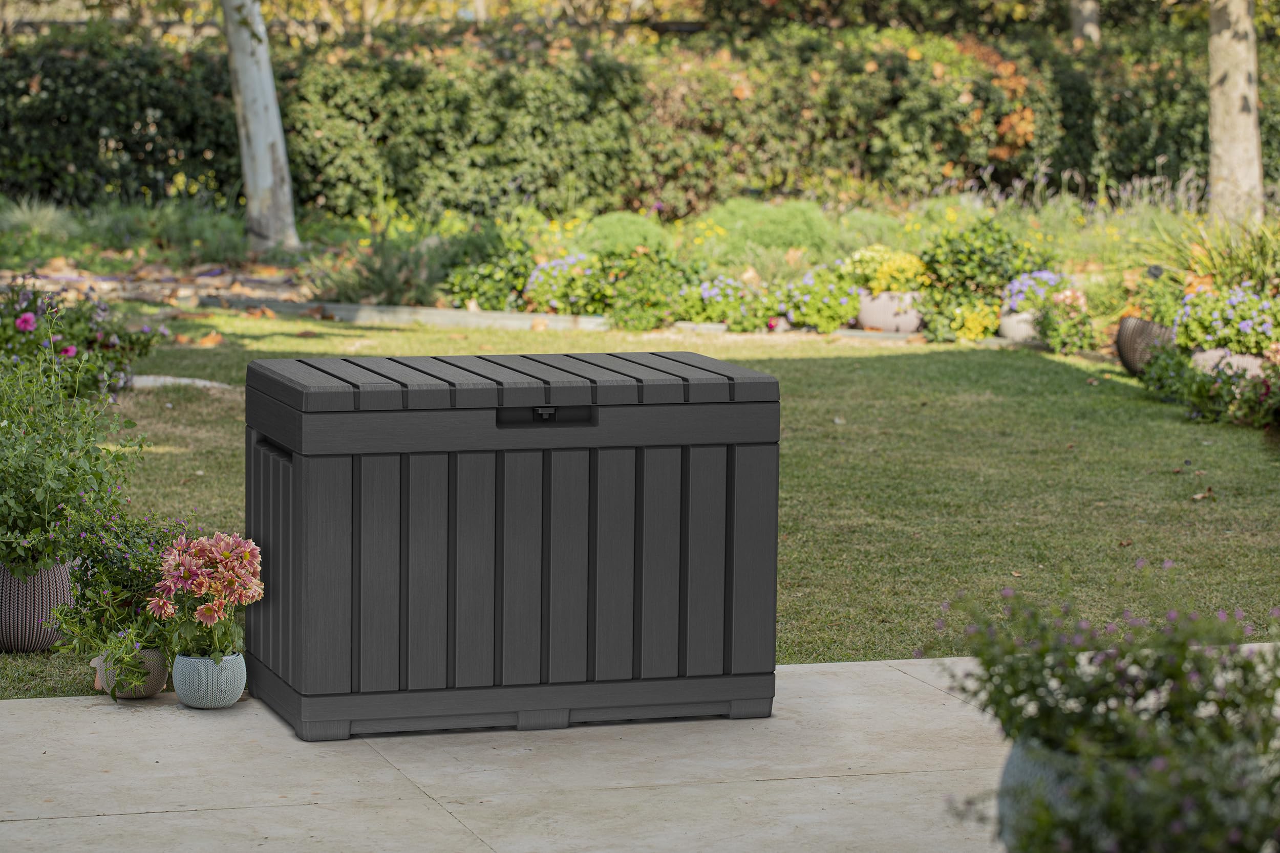 Koll Living Gartenbox Kentwood 190 Liter Stauraum Anthrazit - kompakte Aufbewahrungsbox mit viel Platz für Sitzauflagen, Gartengeräte oder Kinderspielzeug - hält den Inhalt trocken & gut belüftet