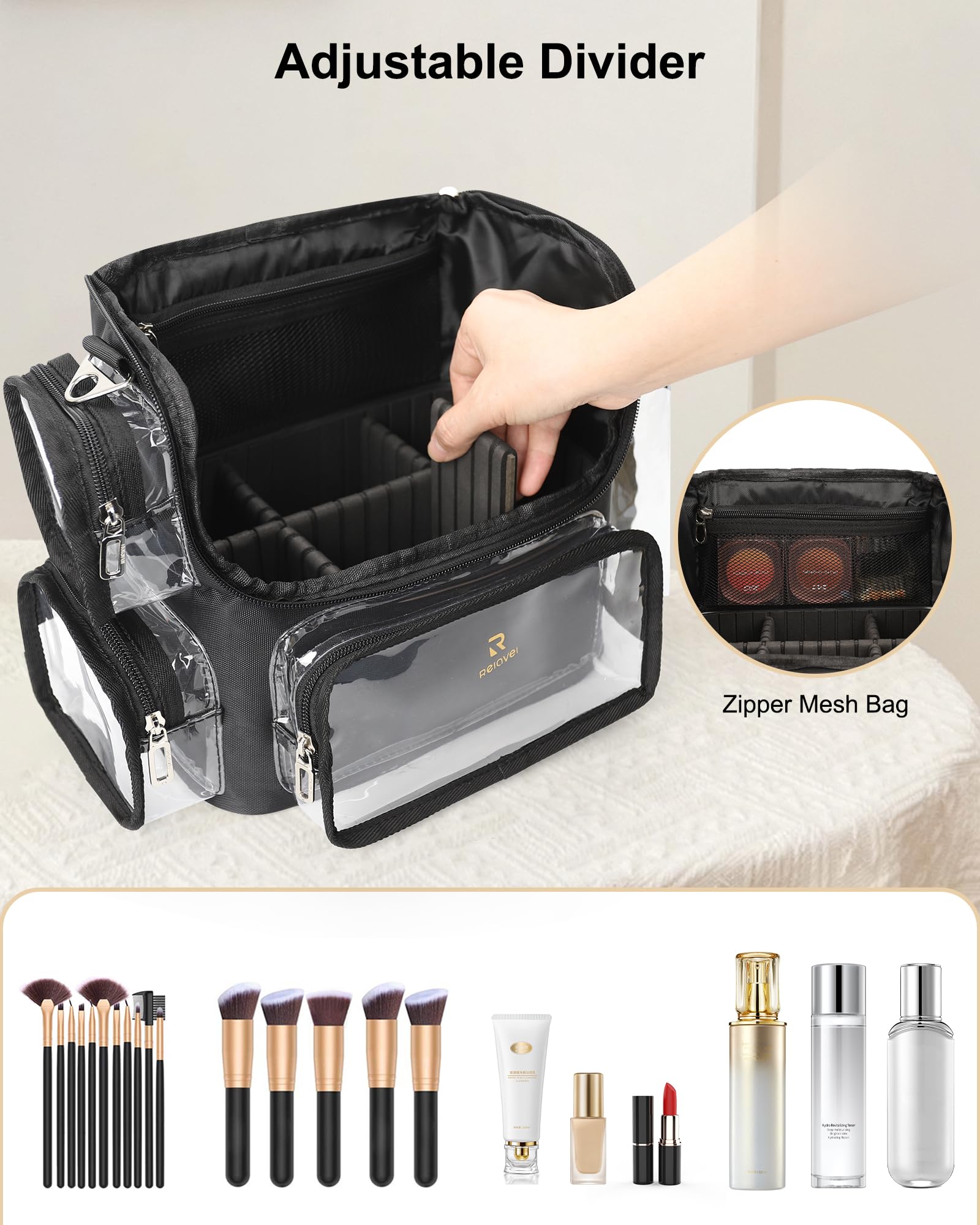 TANTO Large Clear Makeup Brush Bag with Adjustable Dividers, Black