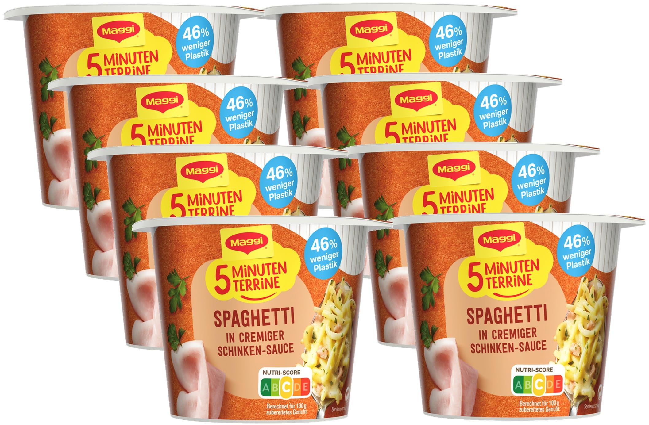 MAGGI 5 Minuten Terrine Spaghetti in cremiger Schinkensauce, leckeres Fertiggericht, Instant-Nudeln, Eiernudeln mit geräuchertem Speck, 8er Pack (8 x 64g)