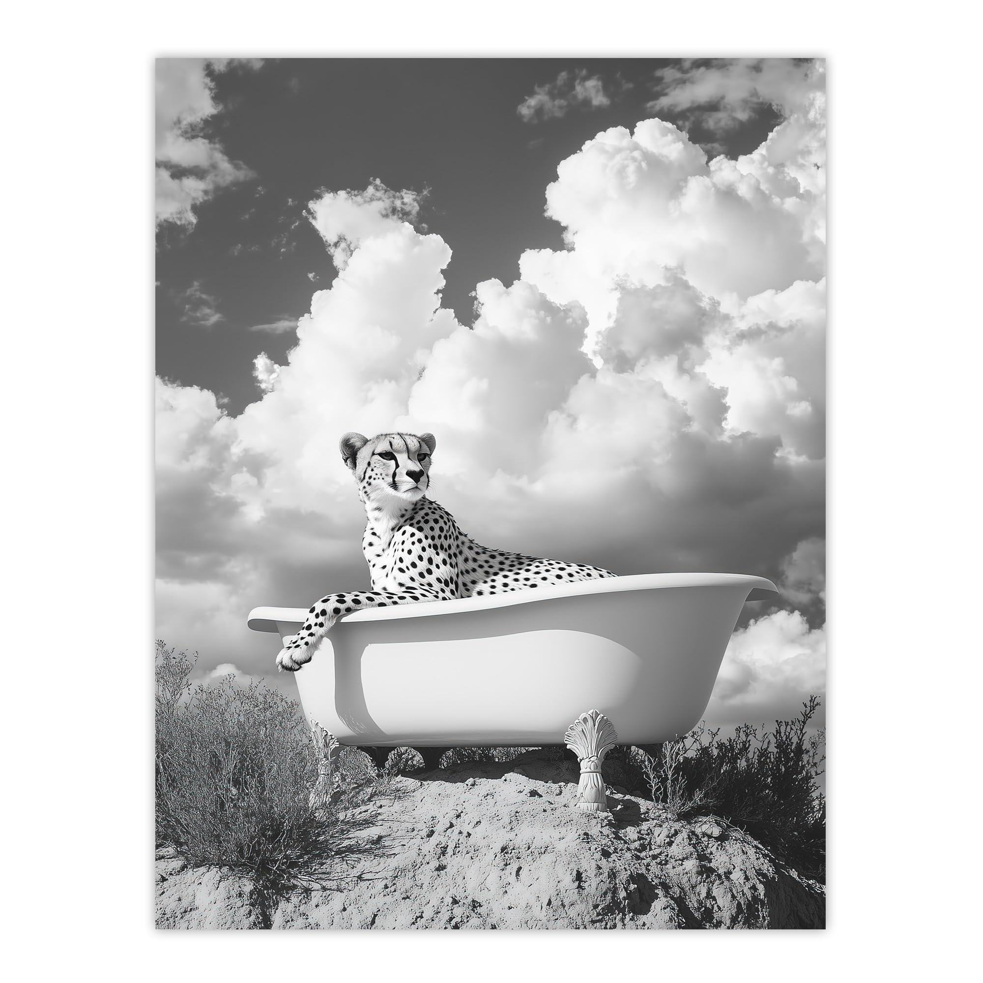 Artery8 Cheetah in Bathtub Black White Desert Surreal Wall Art Print - W24 inch x H32 inch