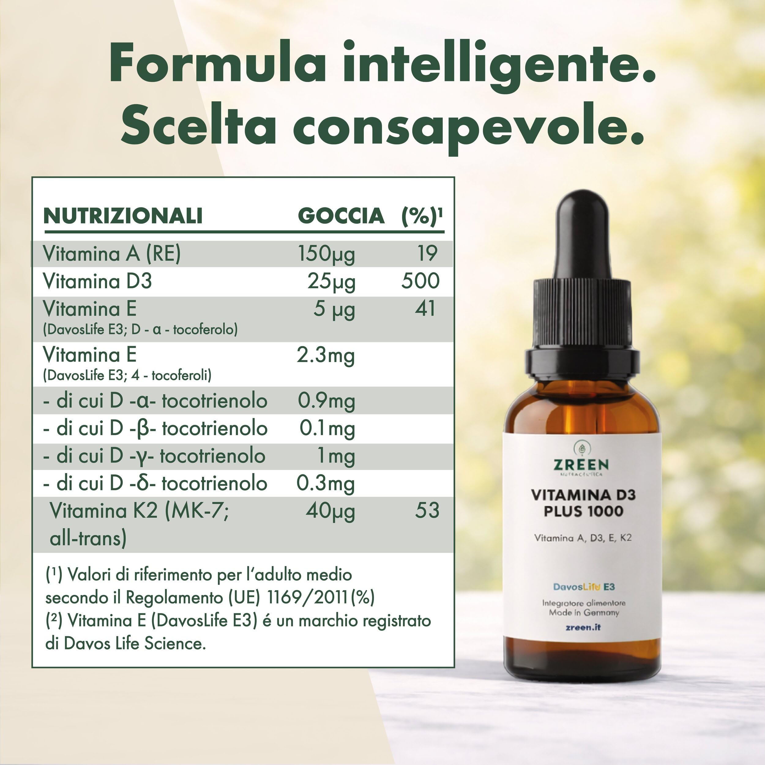 Vitamina D3 K2 1000 UI - Colecalciferolo Gocce - 15 ml con Olio MCT | 525 Gocce • Vitamine A, E e K2 MK-7 all-trans • EVNol™ • Formula in olio • Prodotto in Germania
