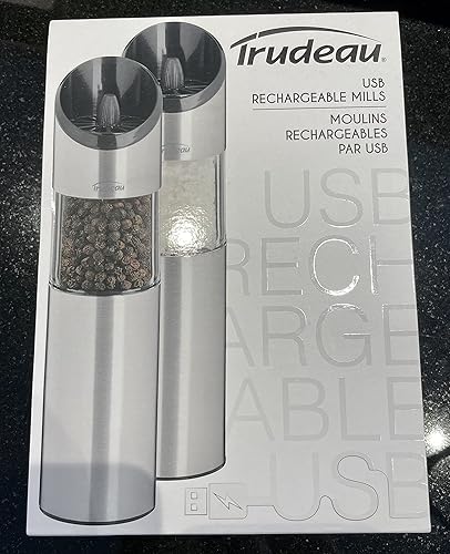 Trudeau Juego de molinillo eléctrico de sal y pimienta recargable por USB, acero inoxidableplata