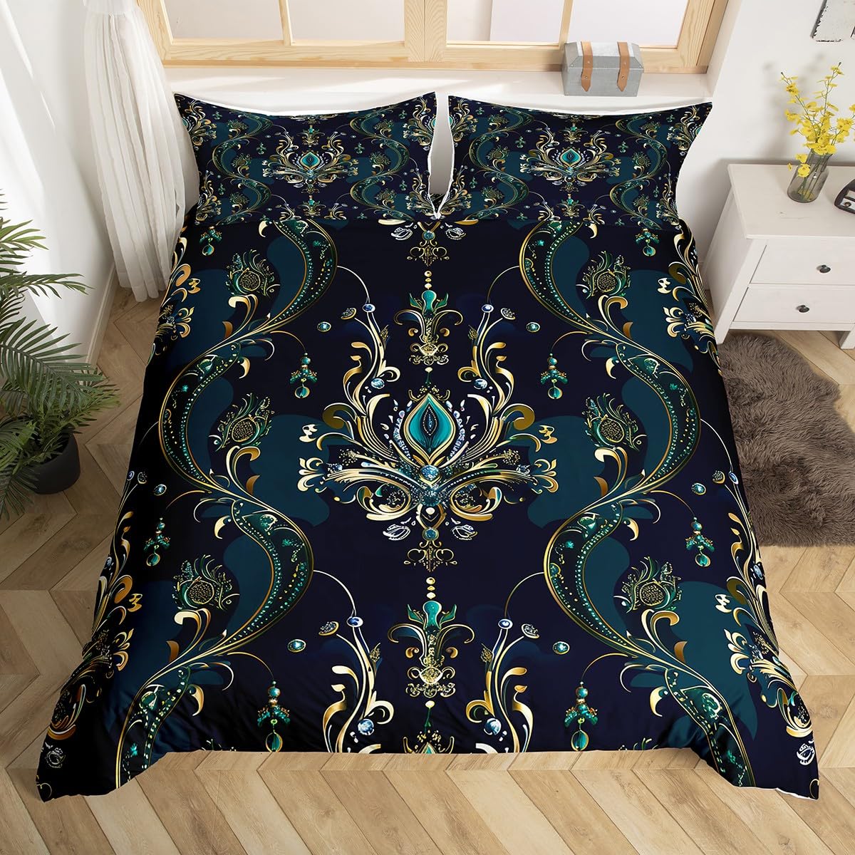 Homewish Gold Damast Bettbezug Set Gothic 135x200 Bettwäsche Sets,Viktorianische Tröster Bezug Vintage Barock Blumen Gothic Bett Set Antike Exotische Blumen Böhmische Dekor