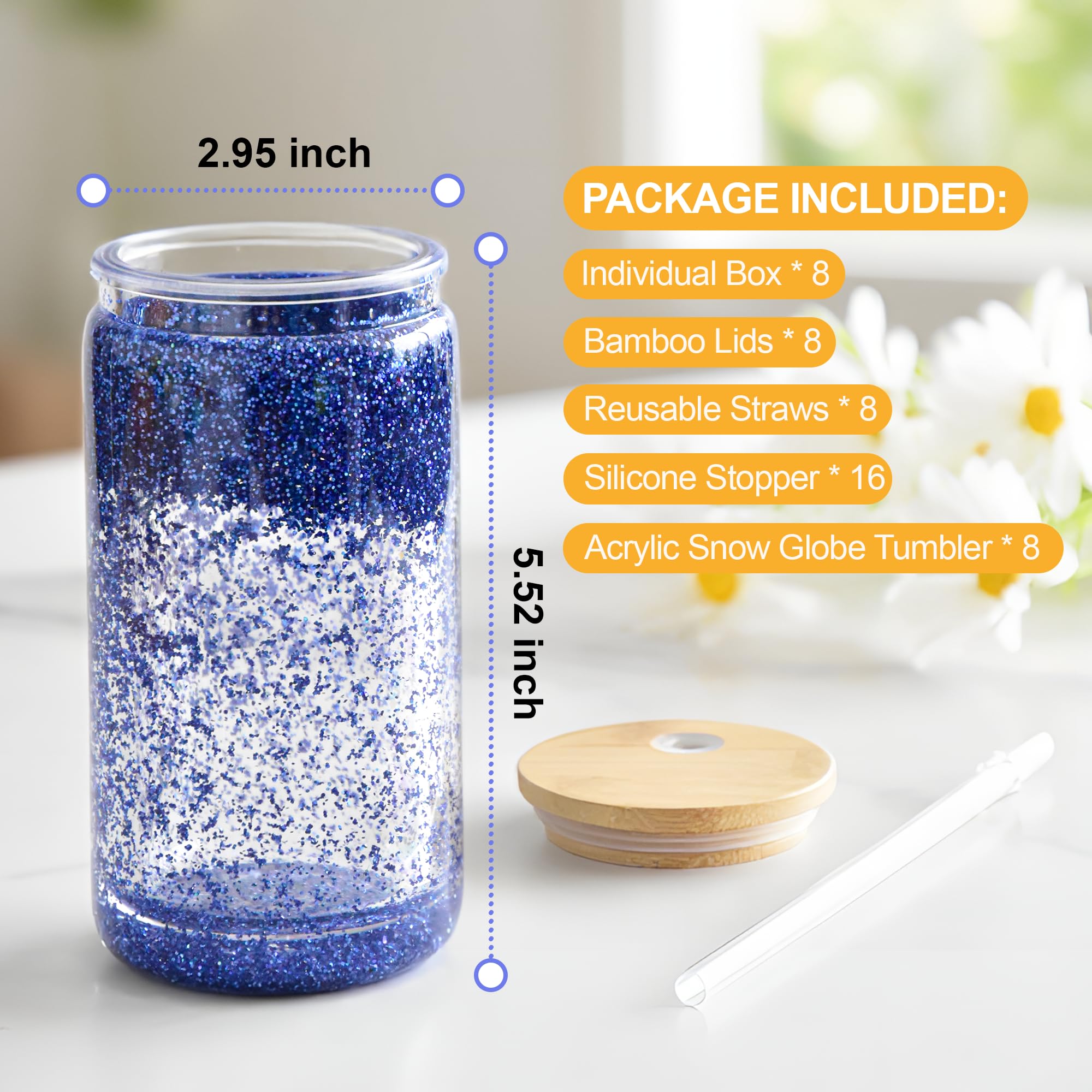 Lot de 8 boules à neige en acrylique avec couvercles en bambou et pailles, 473 ml, avec trou pré-percé, transparent à double paroi, pour boule à neige à paillettes