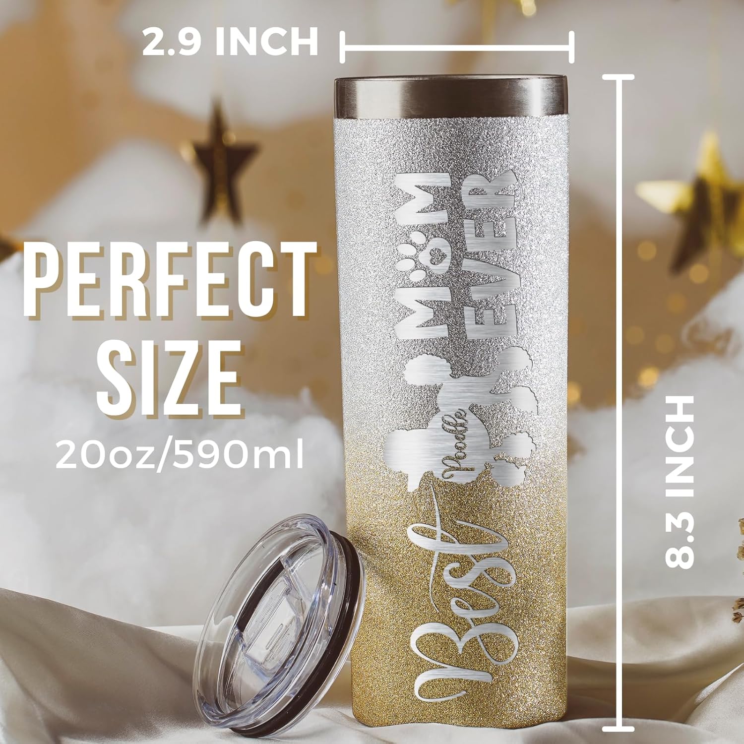 Onebttl Dog Mom Gifts, Dog Lover Gifts for Women, Best Dog Mom Ever, 20 oz Glitter Silver-Gold Insulated Tumbler - Poodle Mom - Image 5