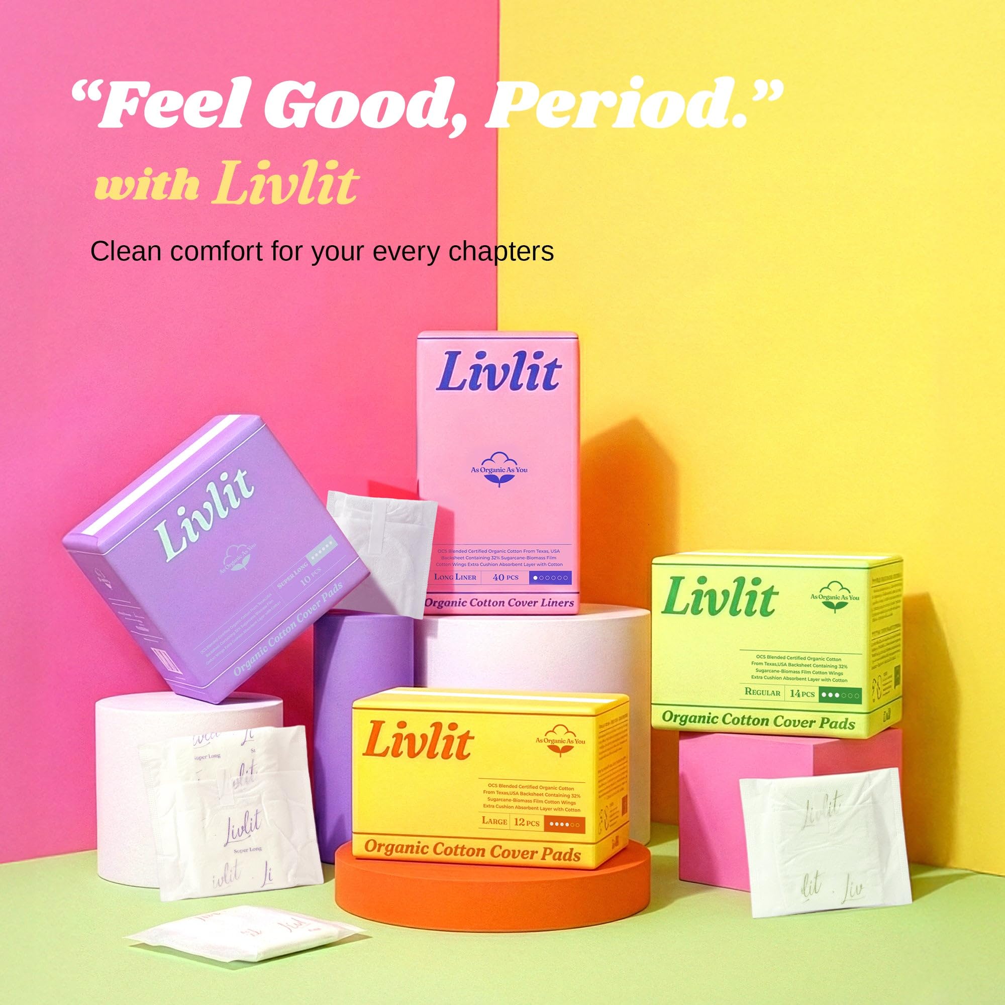 Livlit Organic Cotton Sanitary Pad Bundle – Regular Pads 14pcs + Large Pads 12pcs, Chlorine Free, Unscented, Ultra Absorbent Period Care