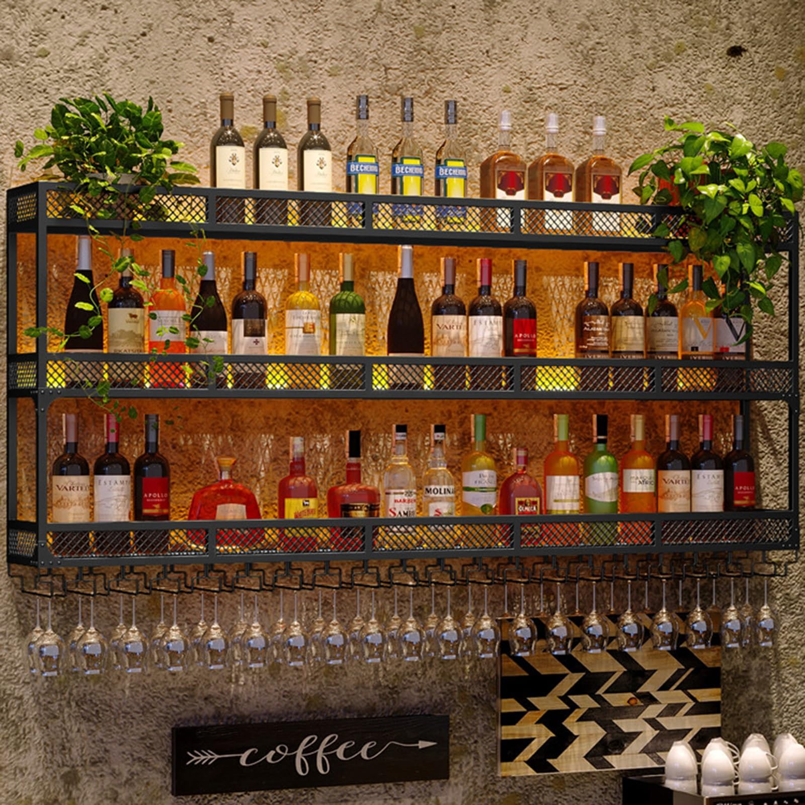 Étagère bouteille de vin murale et porte-verre suspendu bar salon