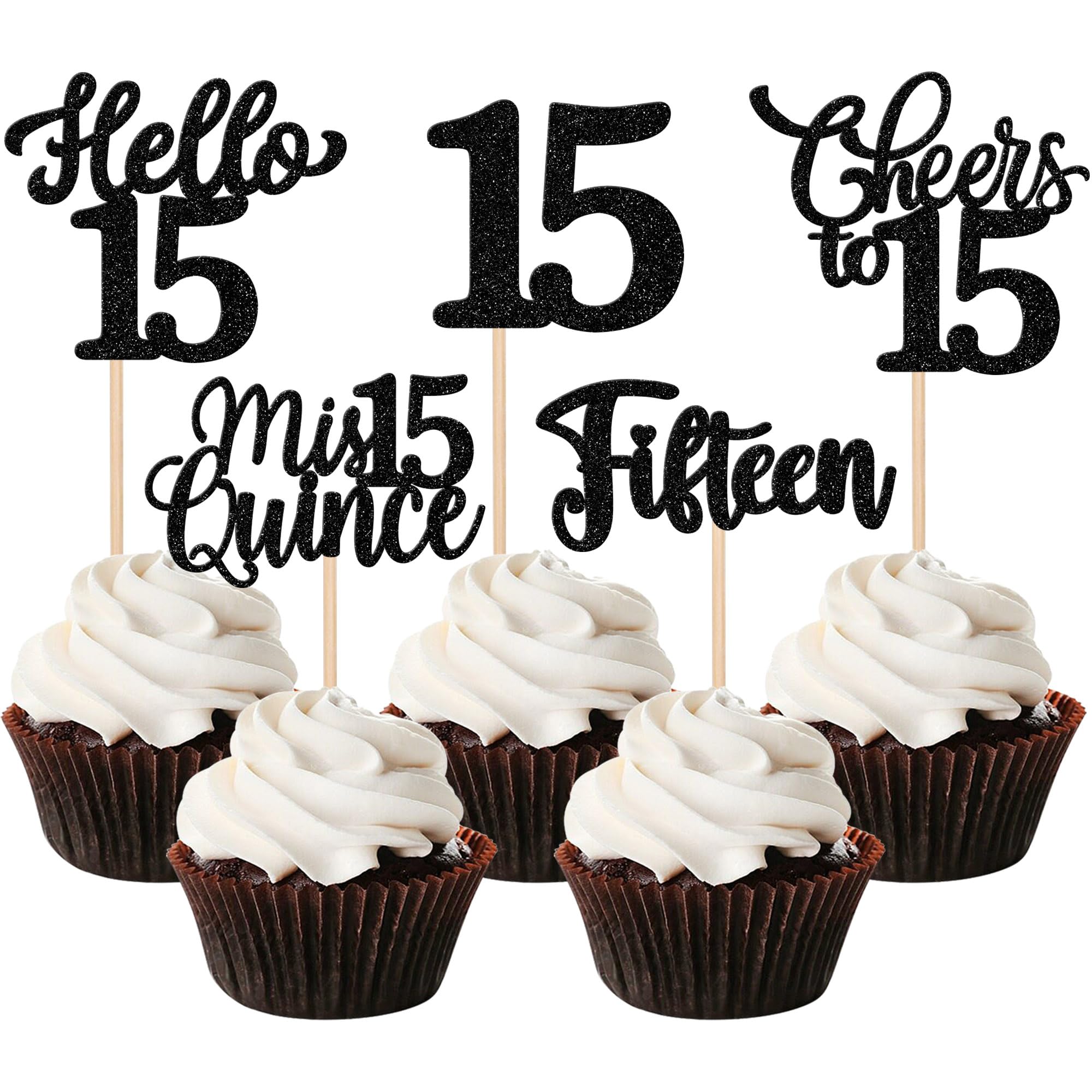 Xsstarmi 30 Pack Happy 15th Birthday Cupcake Toppers Black Glitter Hello 15 Fabulous Mis 15 Quince Cupcake Picks Cheers to 15 Birthday Cake Decorations for Happy 15th Birthday Party Supplies