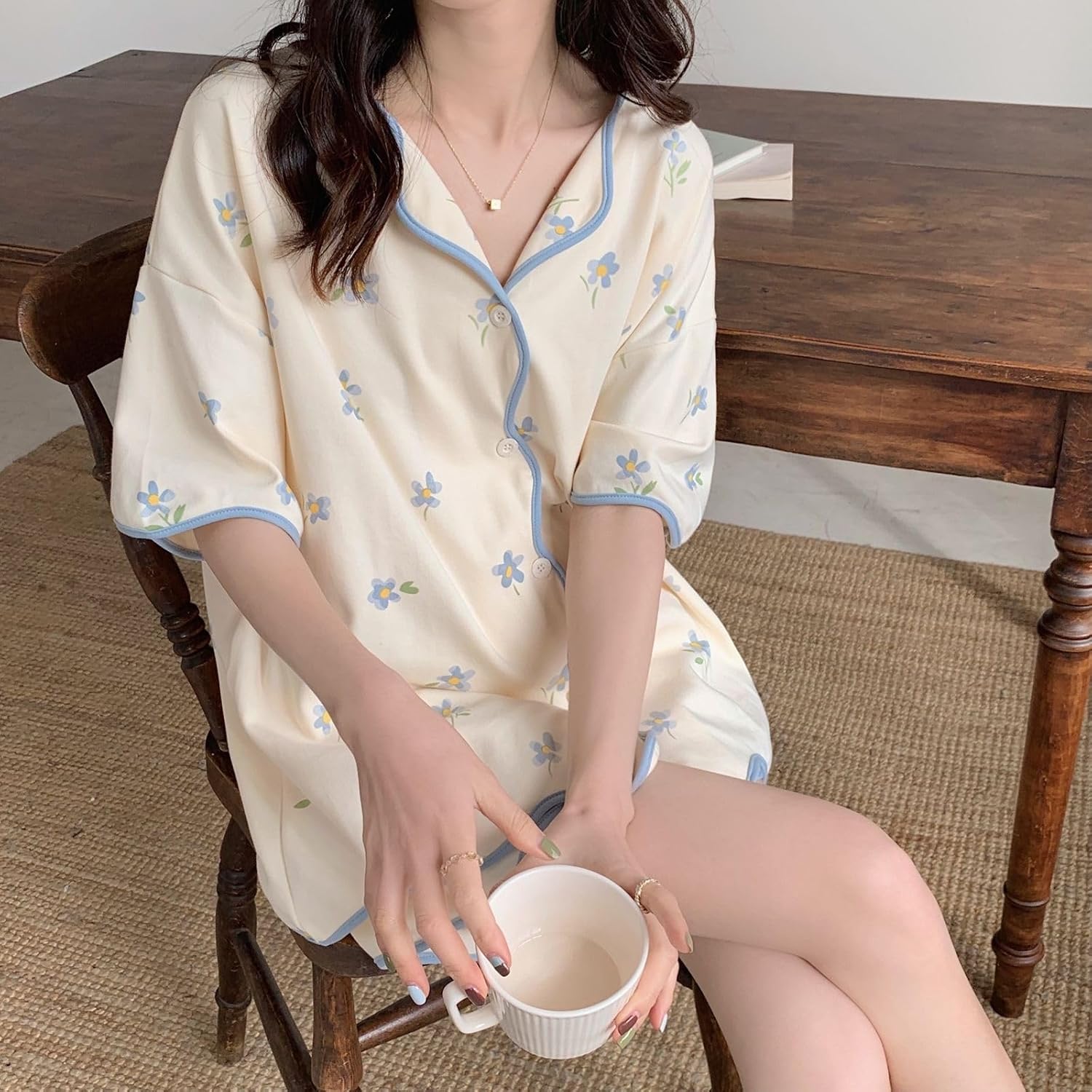 Size XL-Women's 2 Piece Pajamas Soft Short Sleeve Shorts Pajama Set Comfy Summer Button Up V Neck Cute Loose Lounge Set