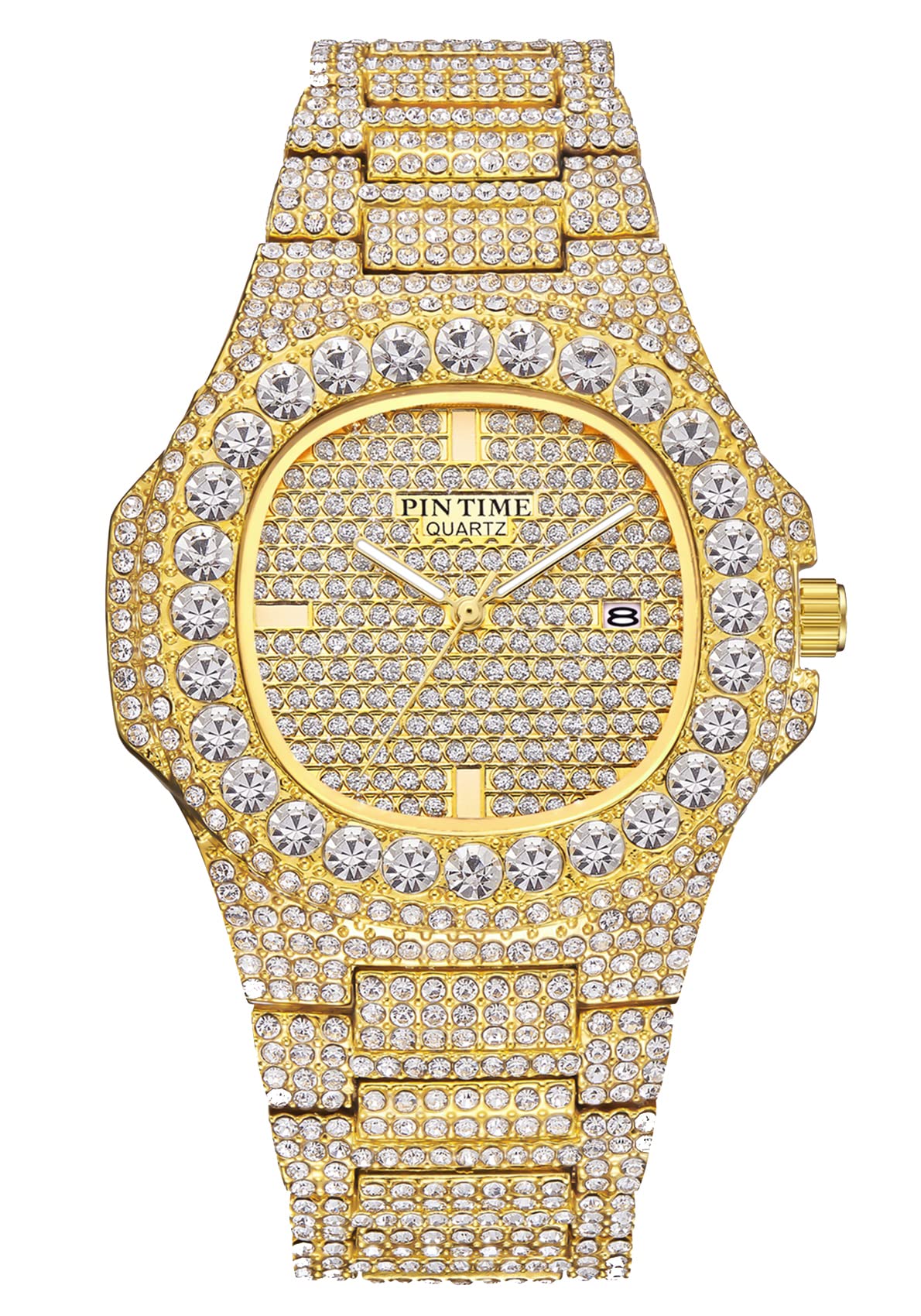 FANMISLuxury Unisex Pave Floating Crystal Diamonds Calendar Analog Quartz Watch Luminous Pointer with Stainless Steel Link Bracelet